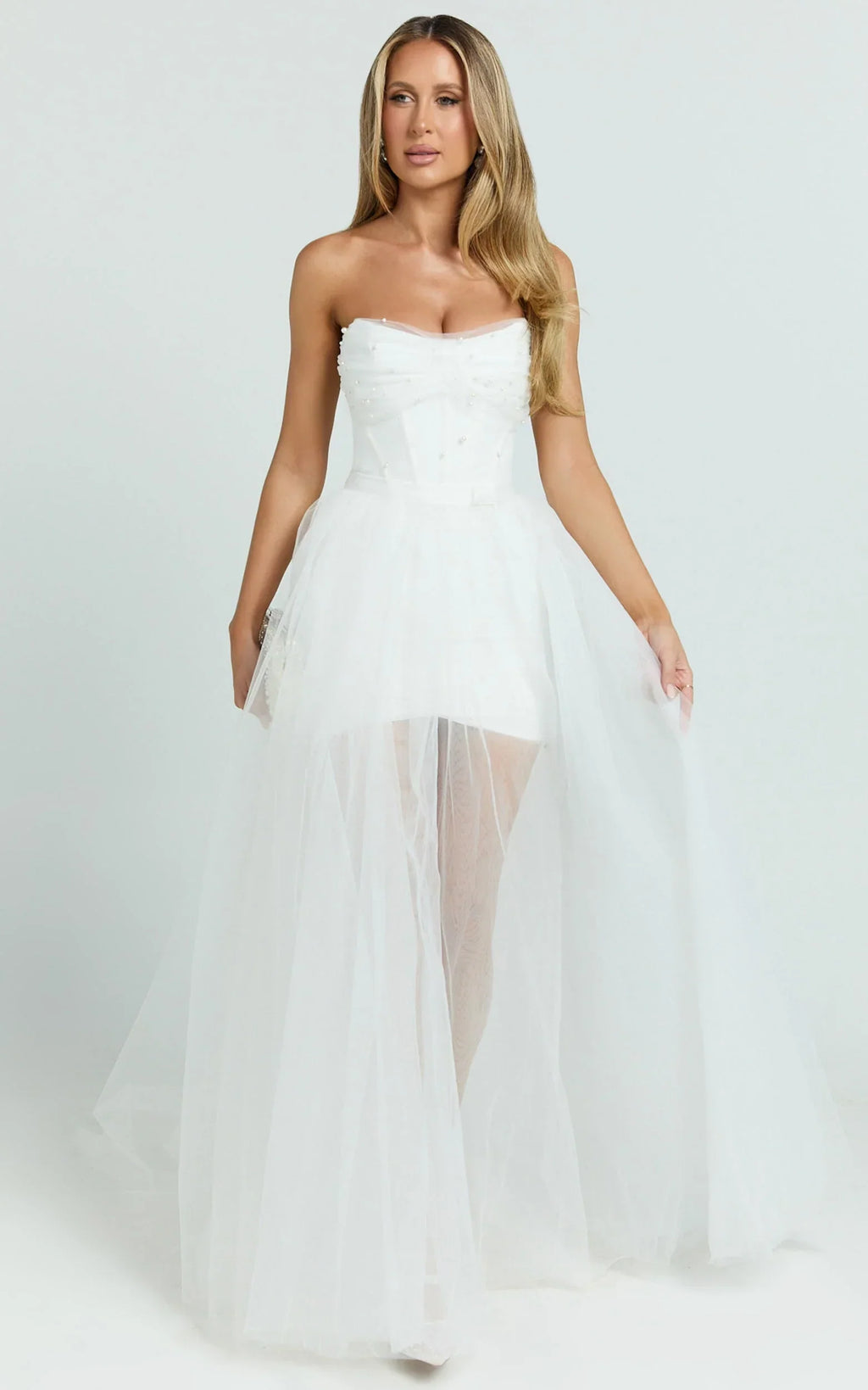 Kelsey Mini Dress - Beaded Strapless Corset Panel Dress with Detachable Tulle Skirt in White