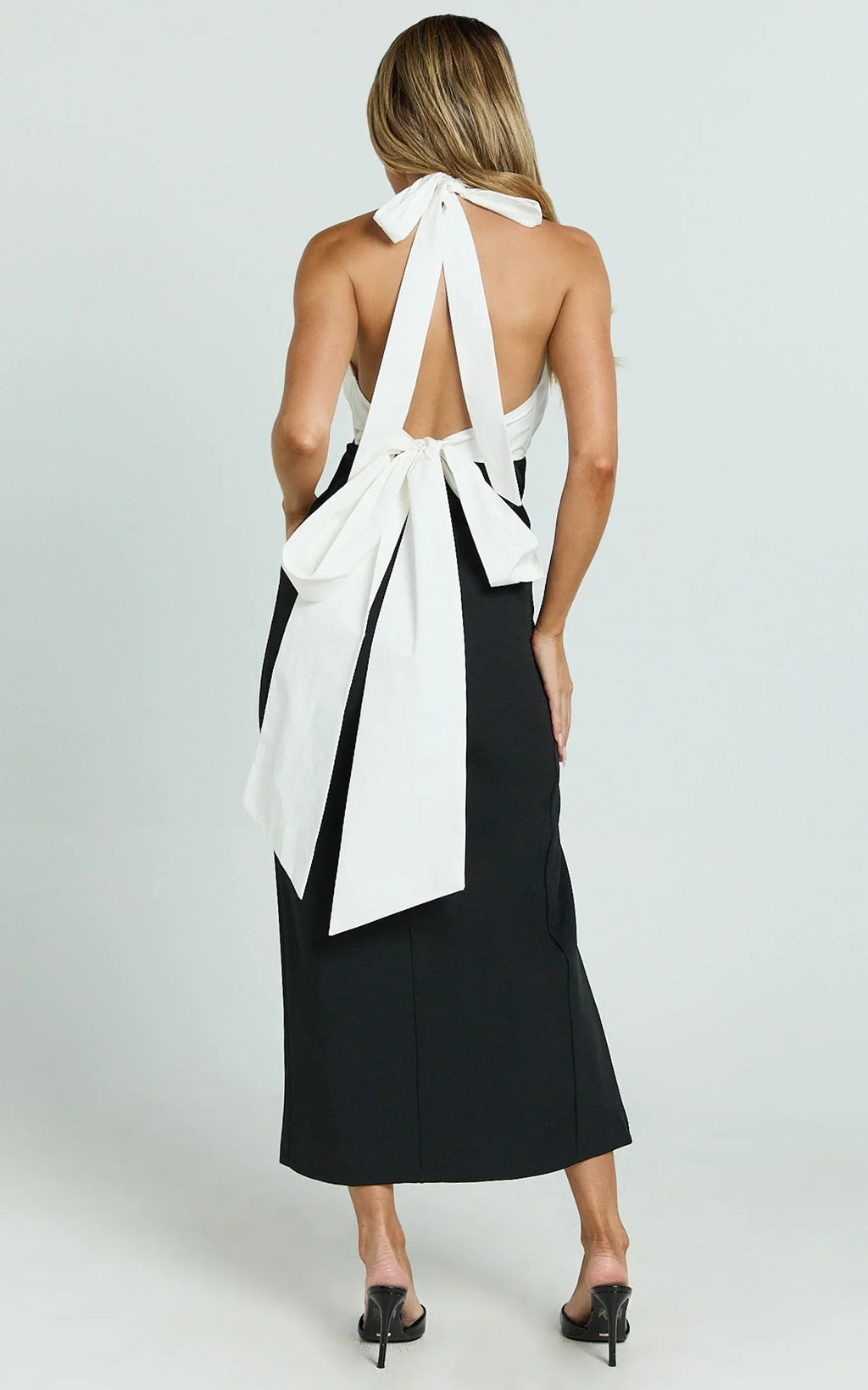 Kaitlin Midi Dress - Contrast Halter Plunge Tie Back Fitted Dress in Black