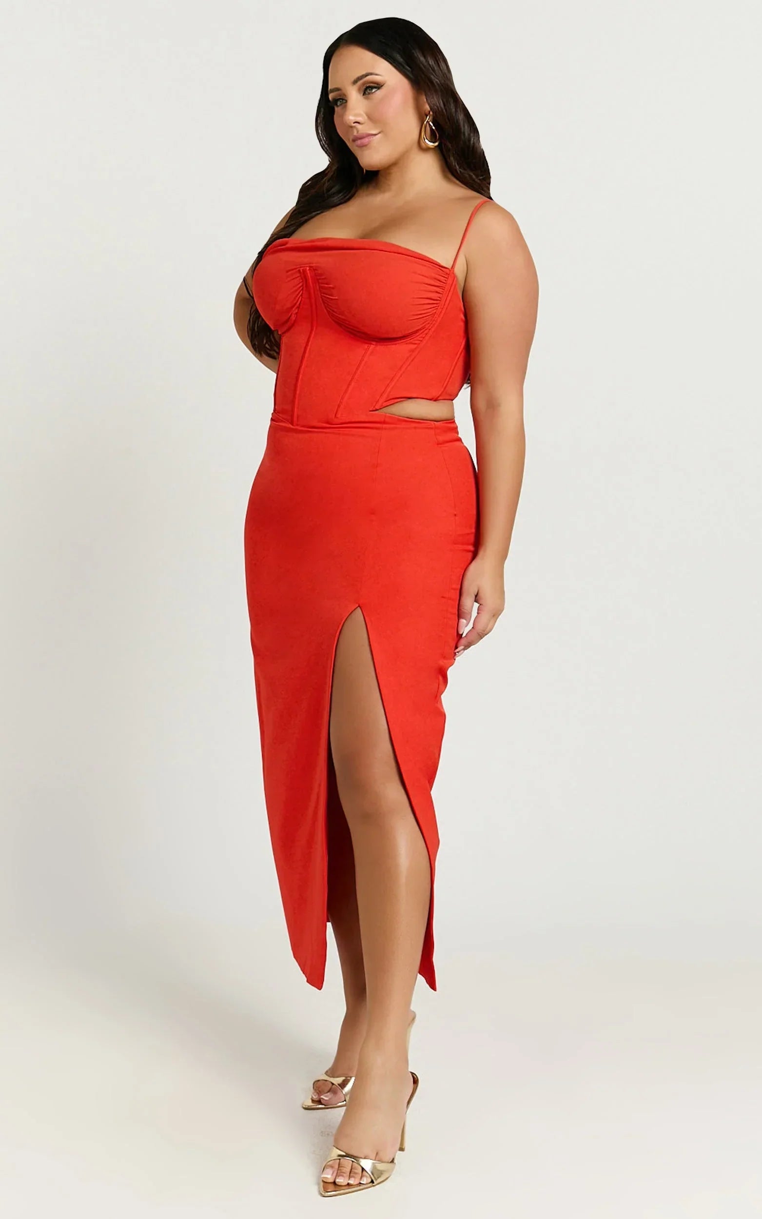 Hayley Midi Dress - Draped Bust Lace Up Back Dress in Red Orange