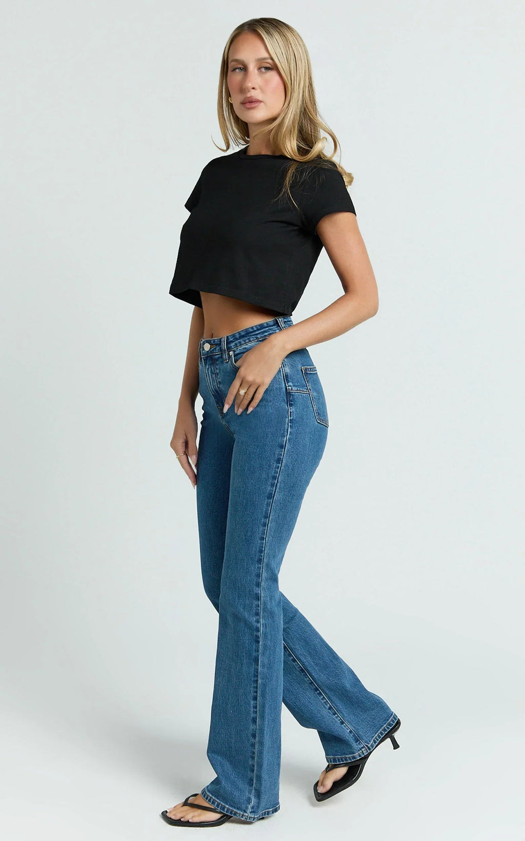 Inez Jeans - Mid Rise Slim Straight Bootcut Jeans in Dark Blue Wash