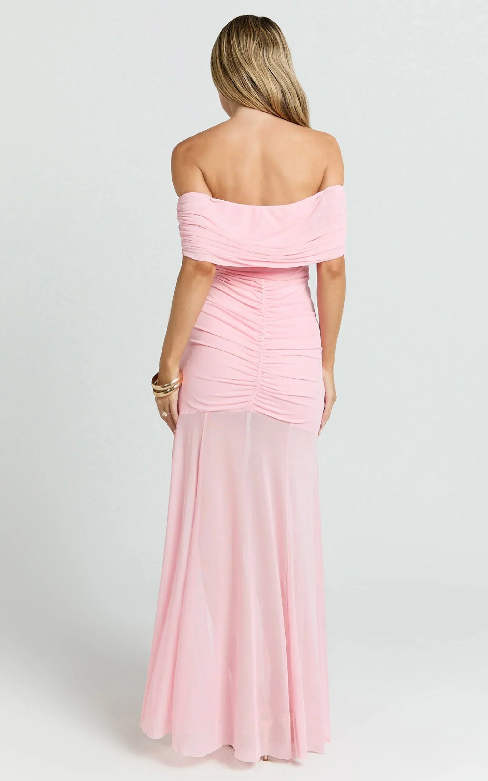 Alanna Maxi Dress - Off Shoulder Ruched Mesh Dress in Pink