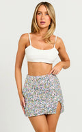 Ingrid Mini Skirt - Sequin Skirt in Rainbow Silver