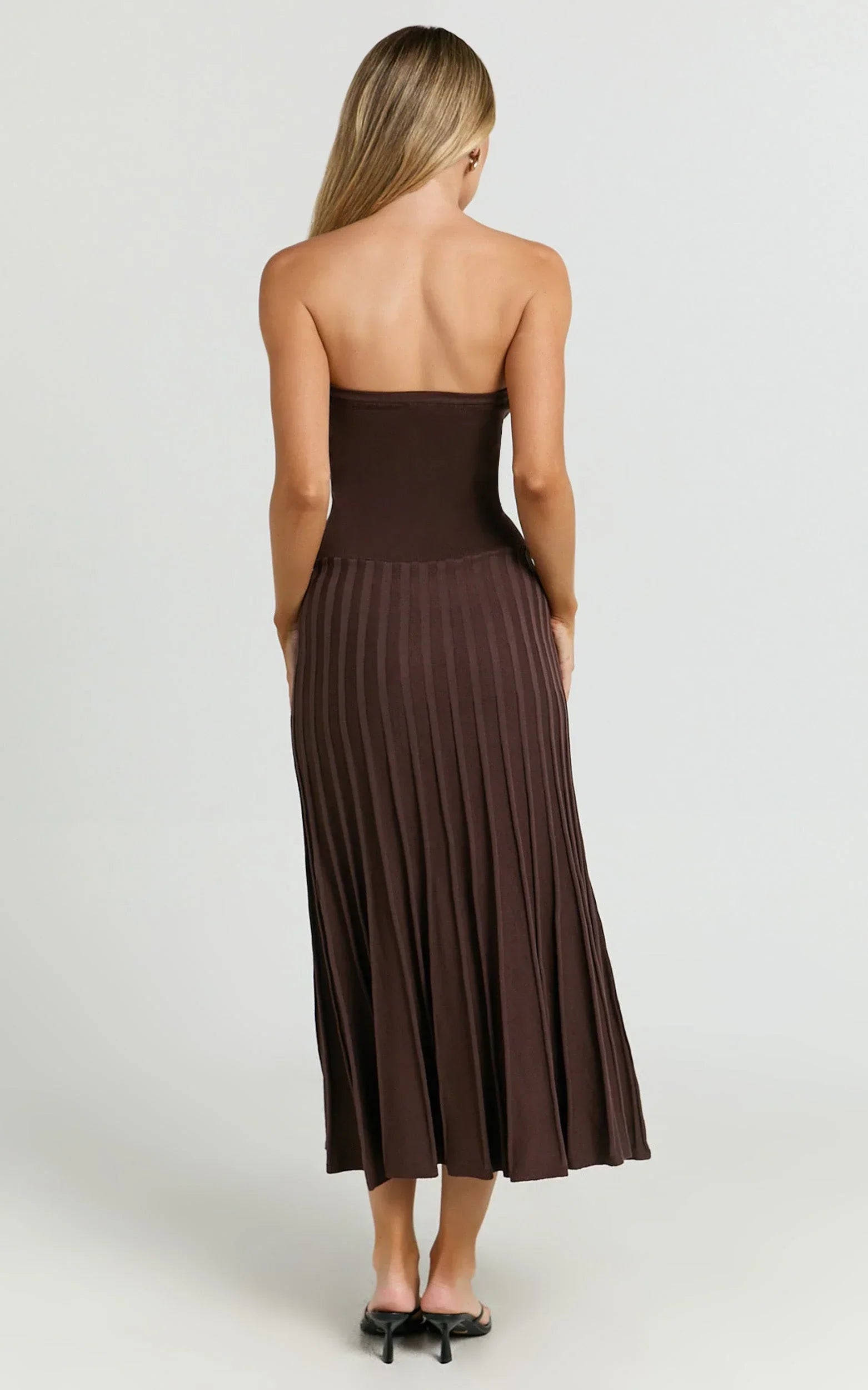 Paris Midi Dress - Strapless Drop Waist Pleated Knit Dress in Chocolate