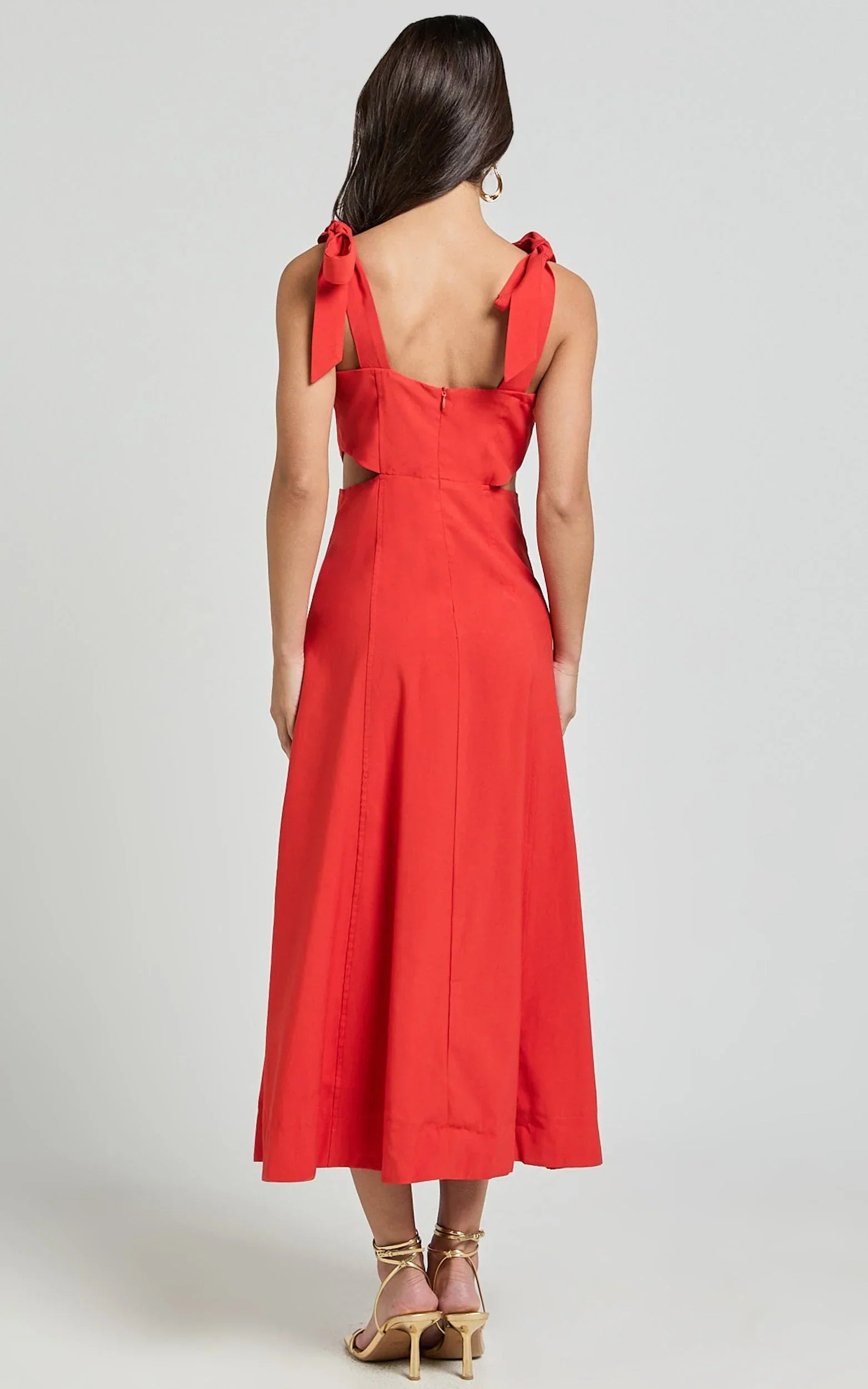 Giana Midi Dress - Shoulder Tie Cut Out Thigh Split Dress in Red
