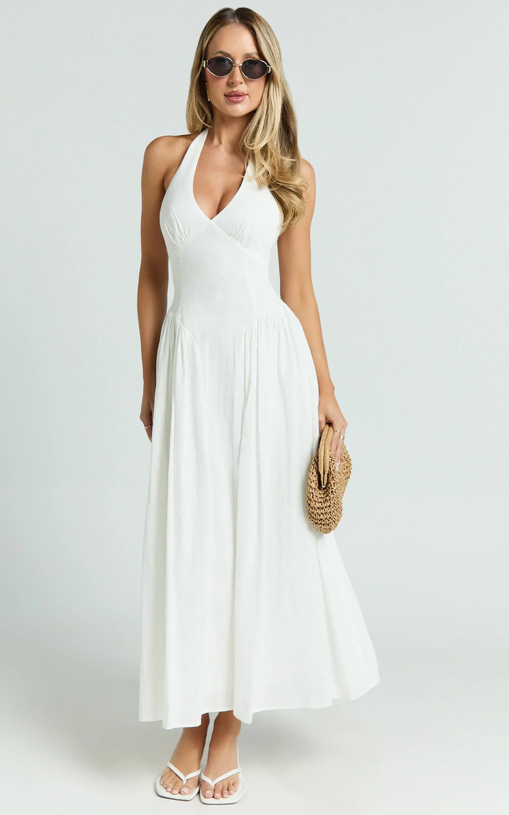 Athena Midi Dress - Halter Drop Waist Dress in White