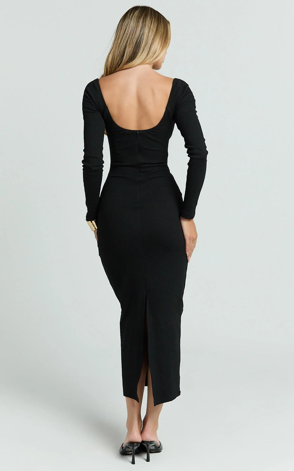 Naya Midi Dress - Long Sleeve Sweetheart Neck Bodycon Dress in Black