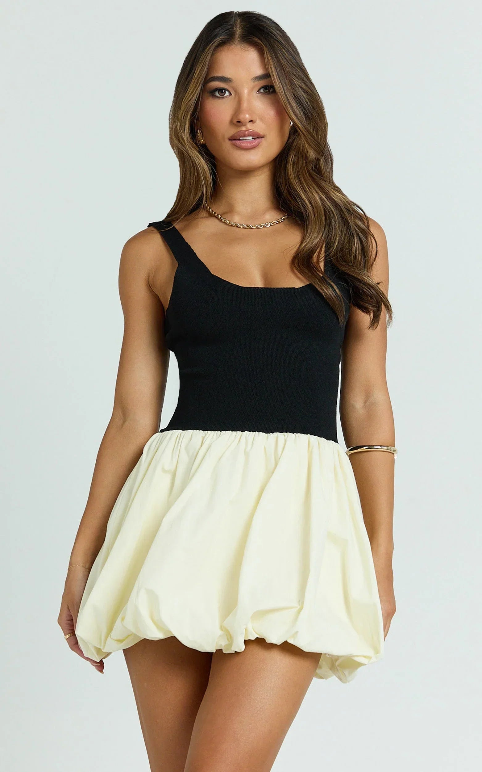 Franklin Mini Dress - Scoop Neck Bubble Hem Dress in Black and Cream