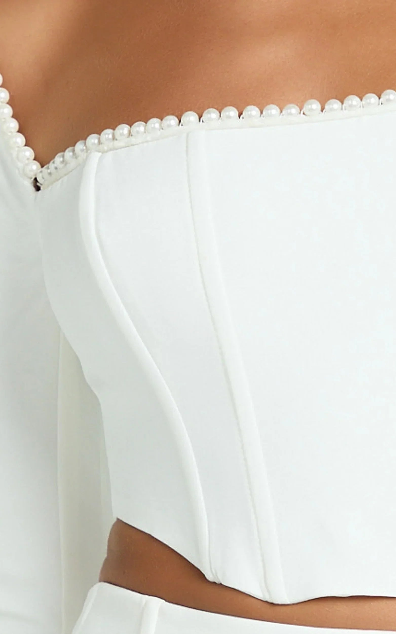 Clarissa Top - Square Neck Pearl Trim Long Sleeve Top in Off White