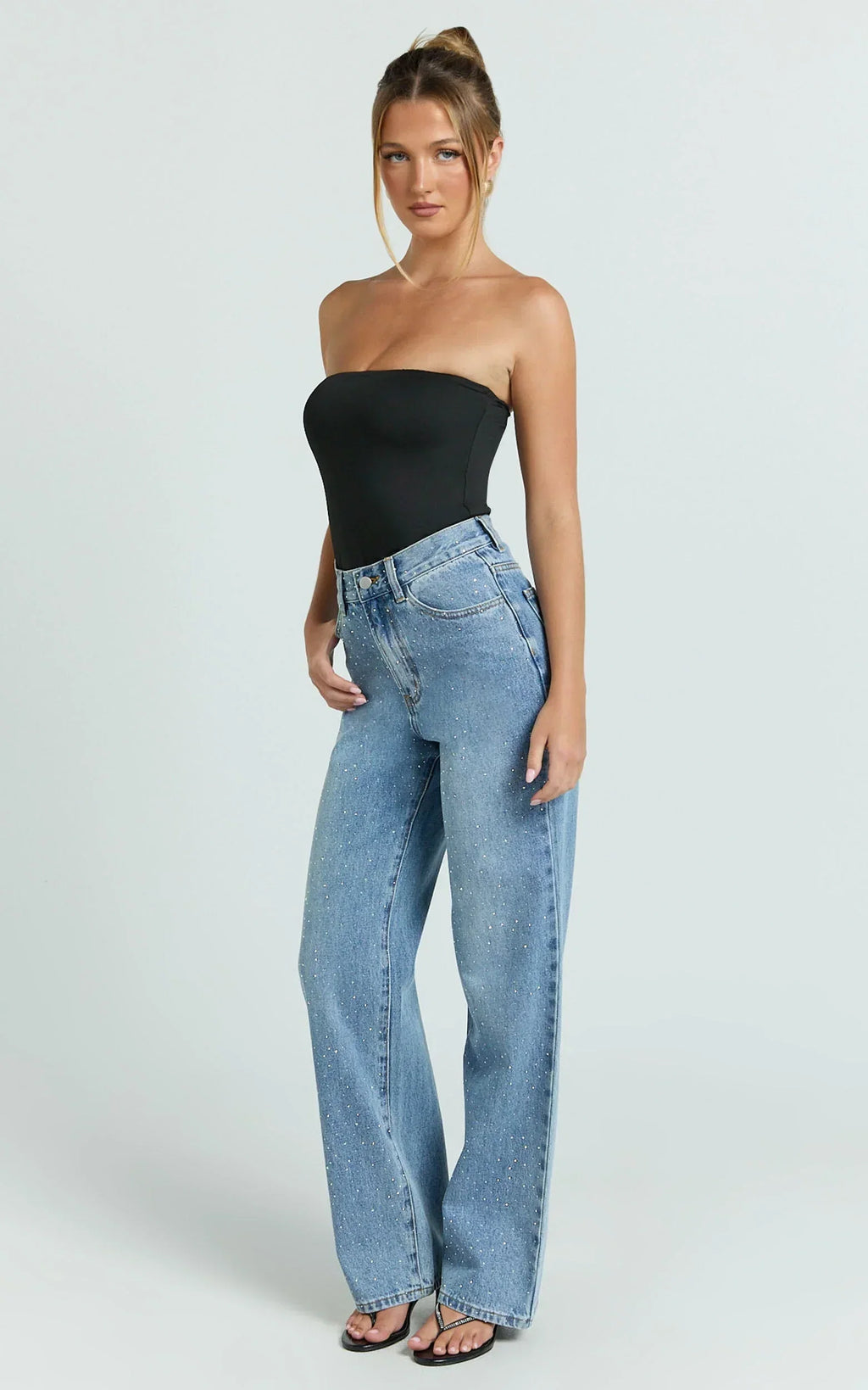 Leauna Jeans - Rhinestone Embellished High Waist Wide Leg Jeans in Mid Blue Wash