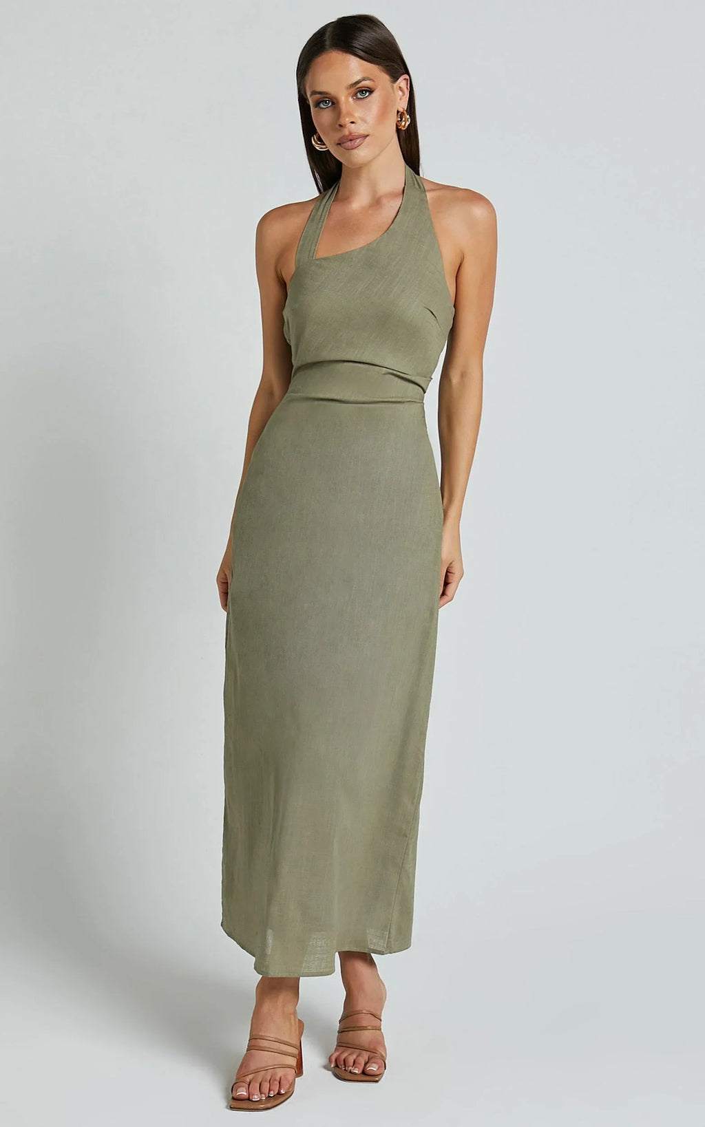 Lindley Midi Dress - Halter Neck Linen Look Dress in Olive