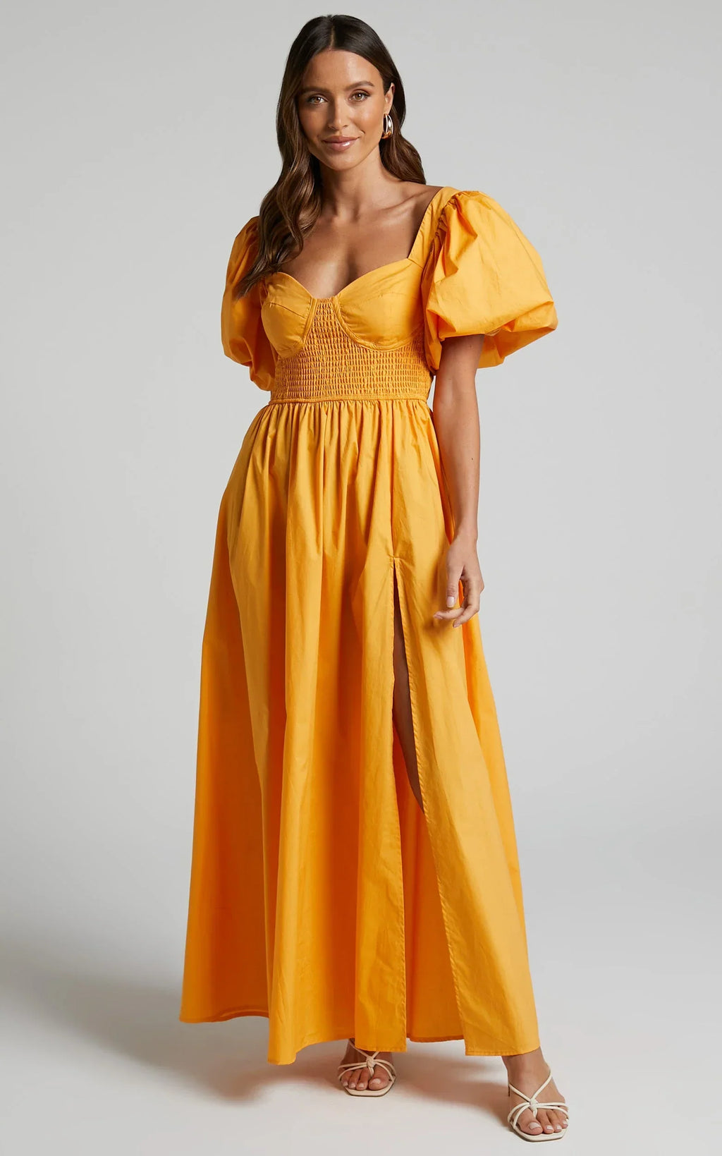 Raiza Midi Dress - Shirred Waist Puff Sleeve Dress in MARIGOLD