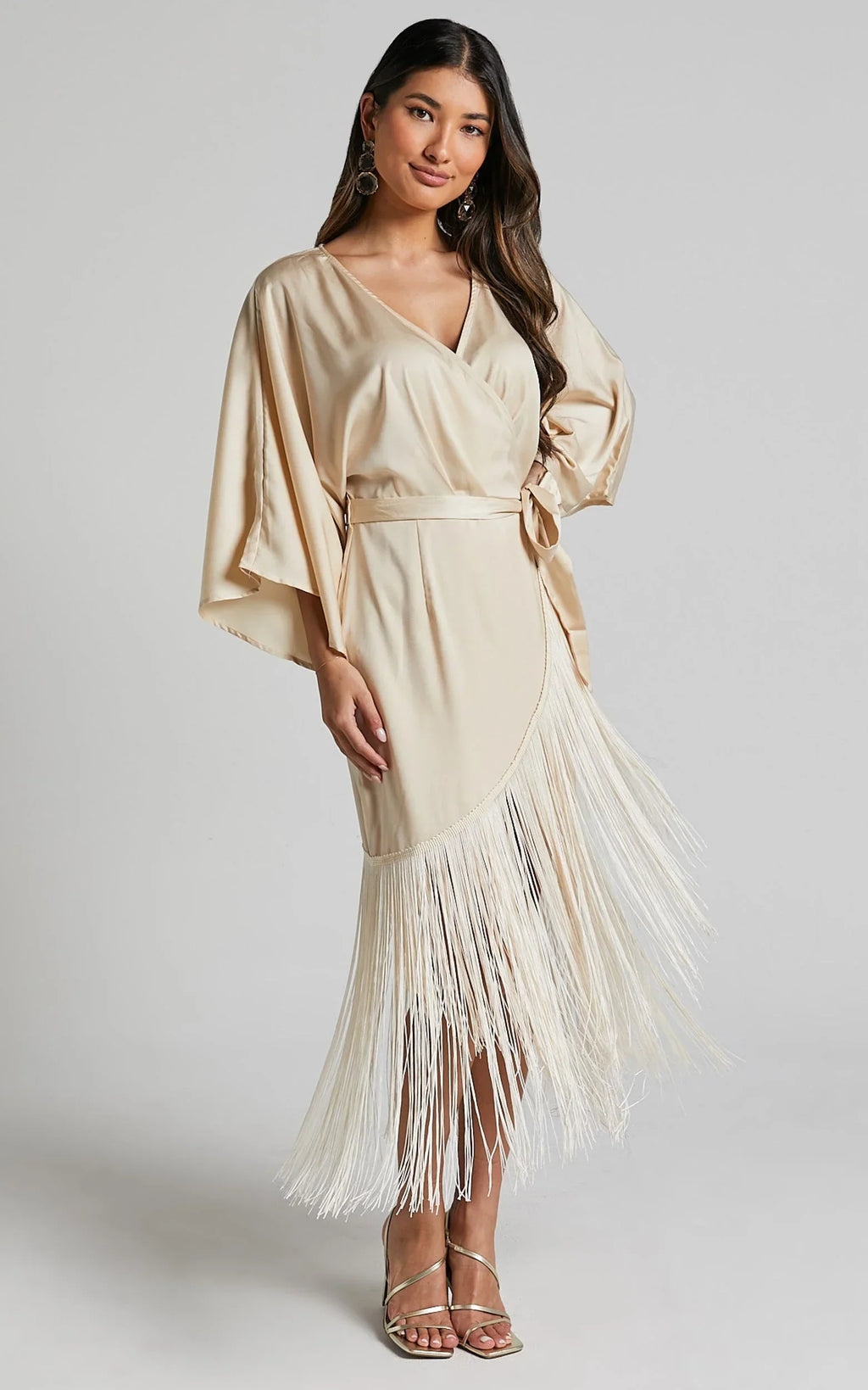 Harlen Midi Dress - V Neck 3/4 Sleeve Asymmetric Fringe Hem Wrap Dress in Champagne
