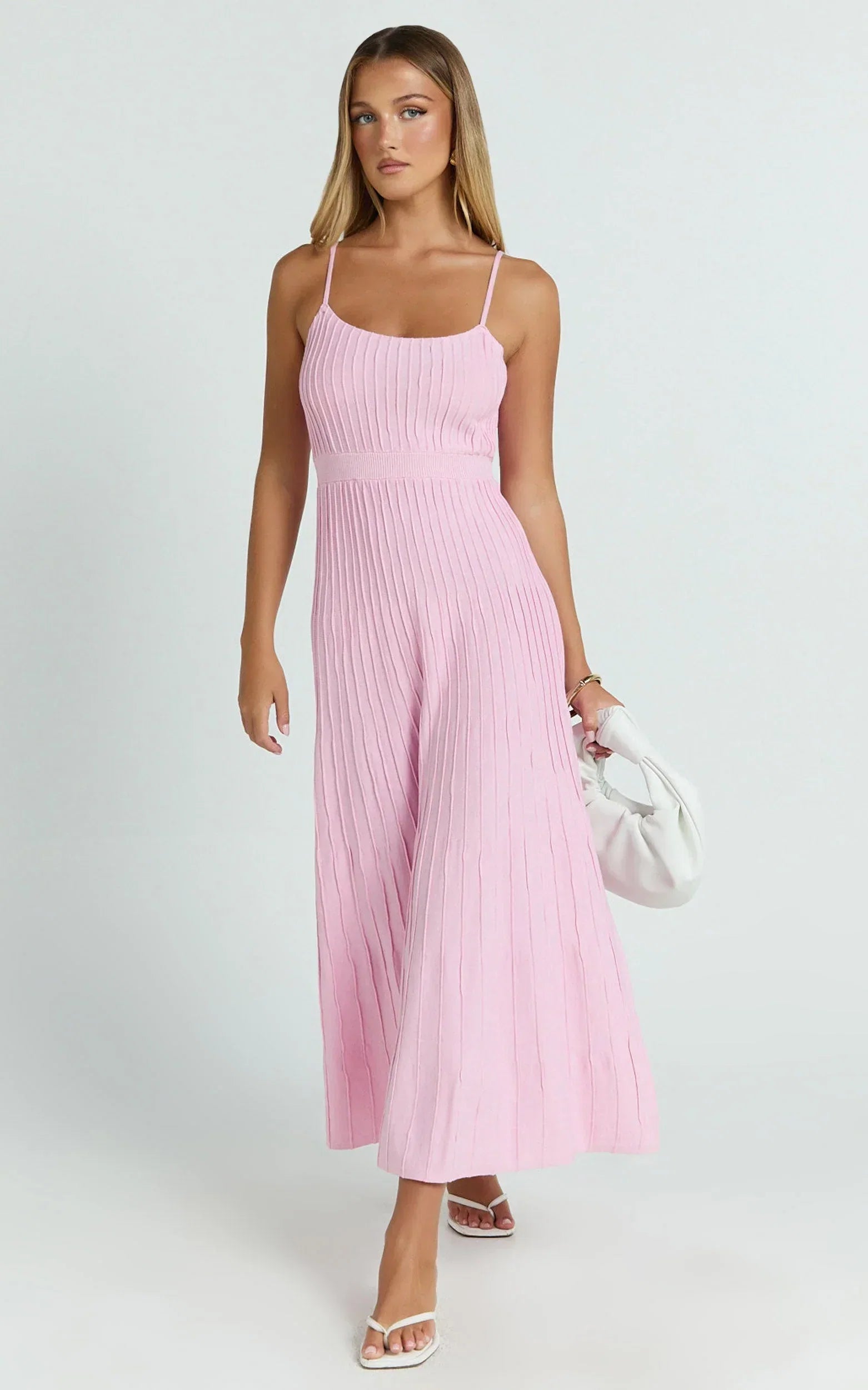 Donissa Midi Dress - Panelled Knit Dress in Pale Pink