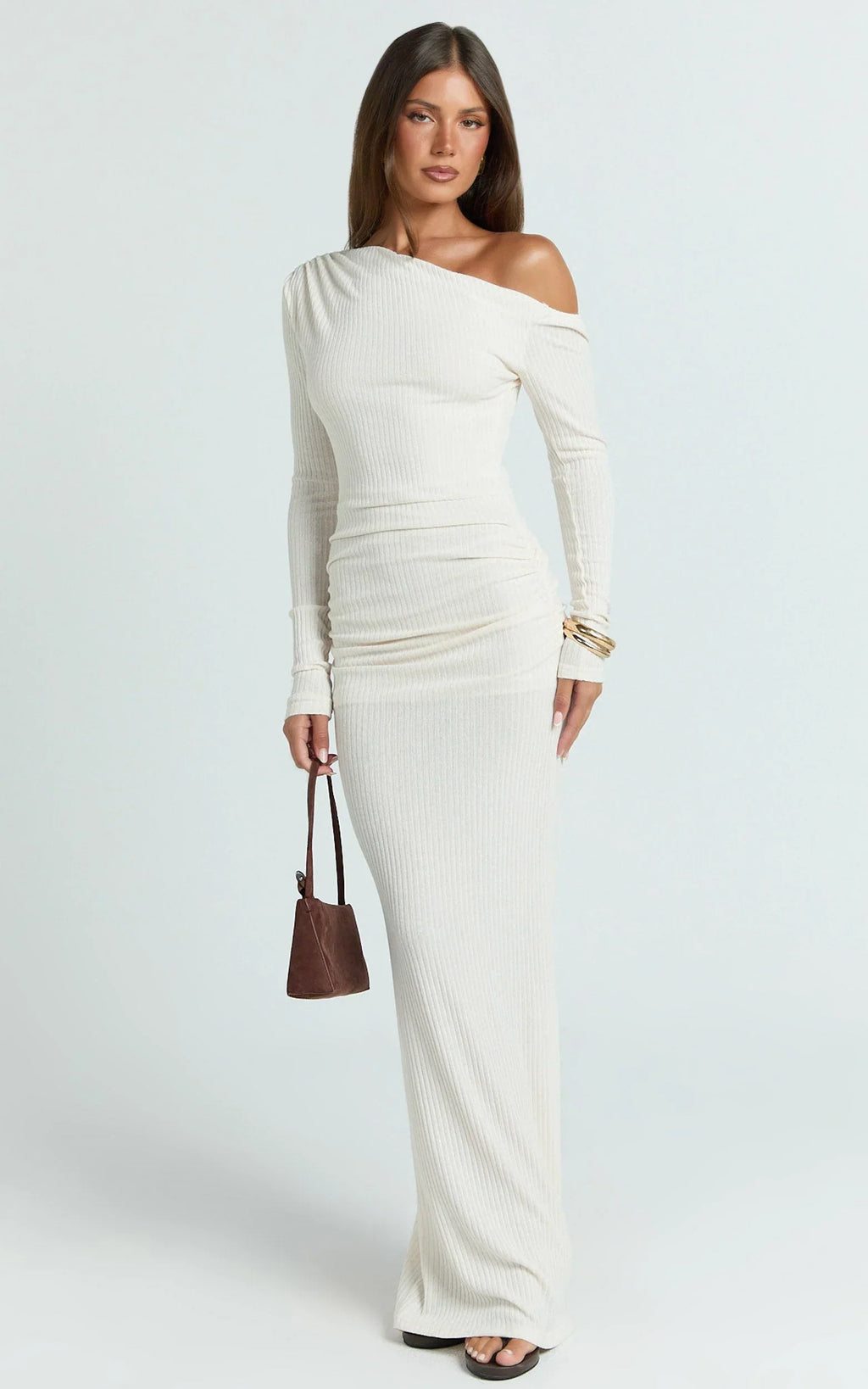 Faith Maxi Dress - Off Shoulder Long Sleeve Maxi Dress in Cream