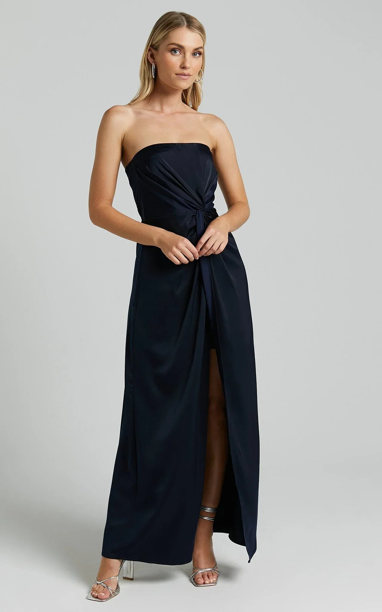 Hathaway Maxi Dress - Strapless Straight Neck Twist Front Split in Navy