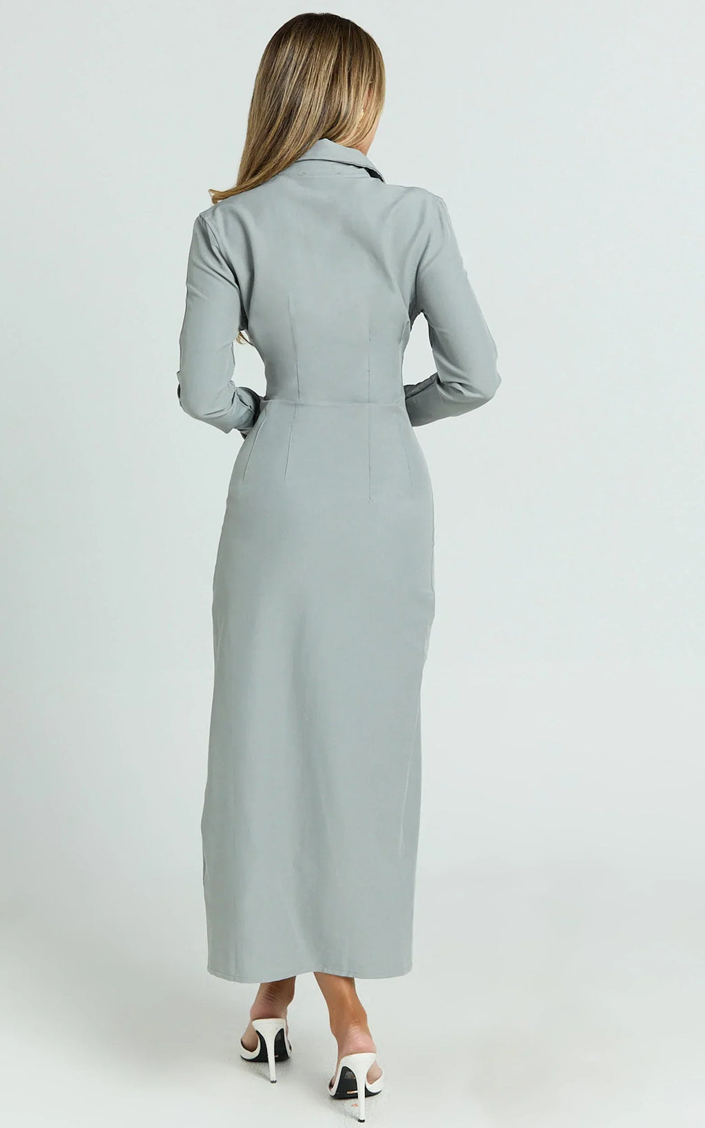 Genevieve Midi Dress - Slim Shirt Dress in Light Grey
