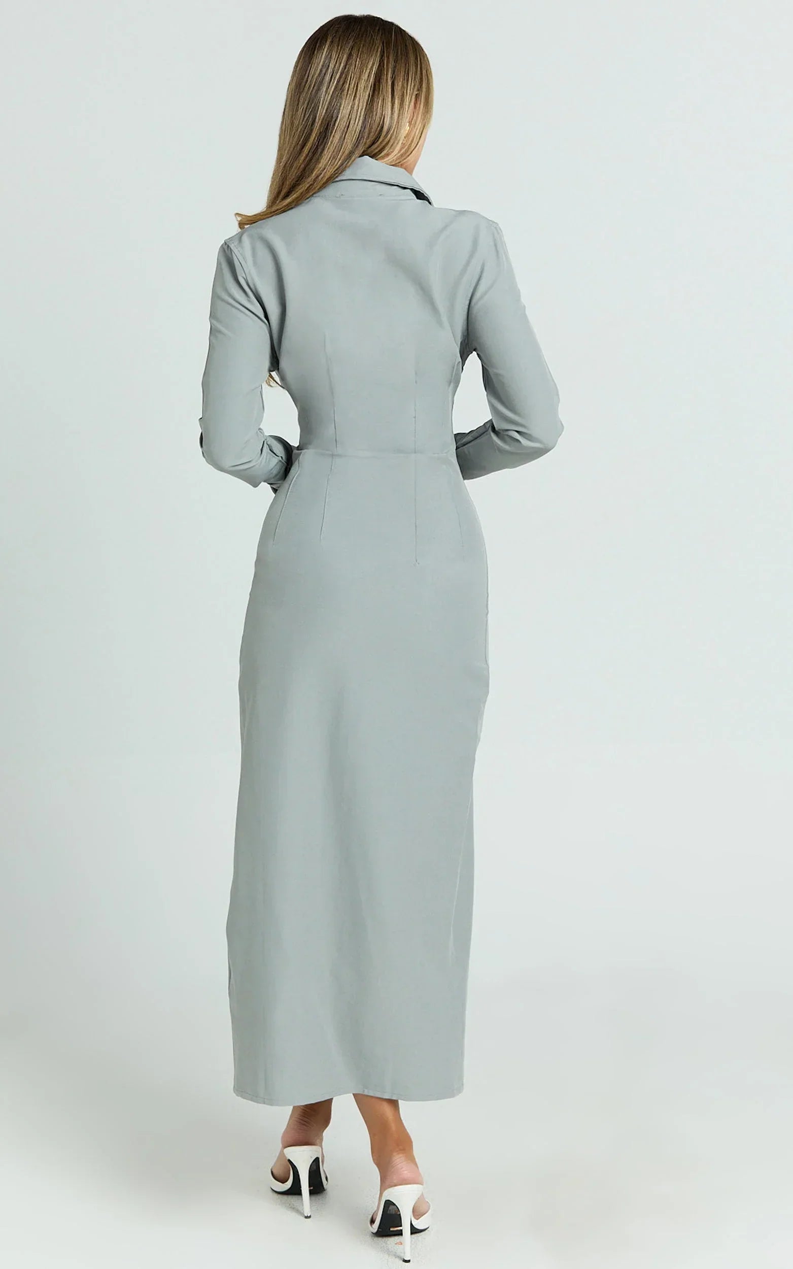 Genevieve Midi Dress - Slim Shirt Dress in Light Grey