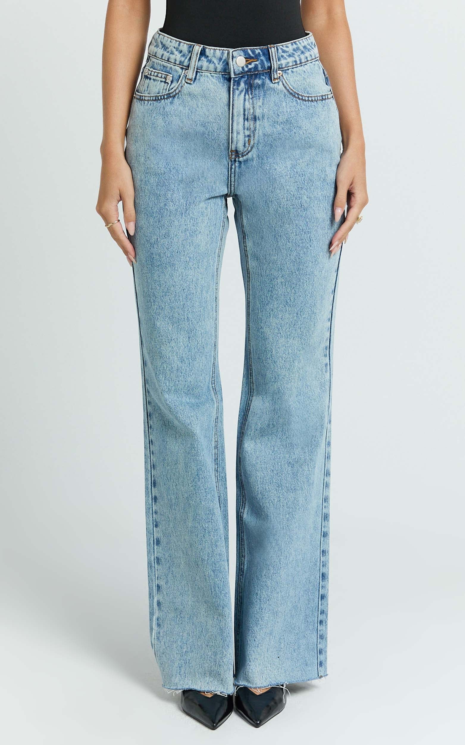 Jacqueline Jeans - High Waisted Relaxed Recycled Denim Bootcut Jeans in Mid Blue Wash
