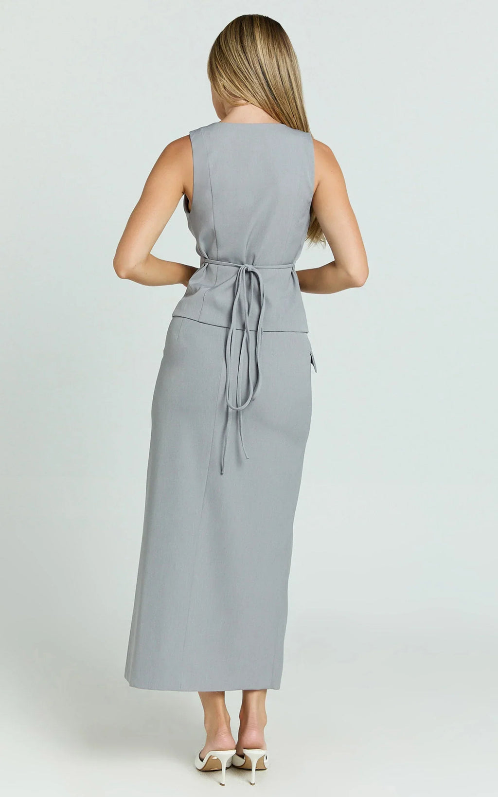 Baylee Midi Skirt - Wrap Front Side Split Skirt in Grey