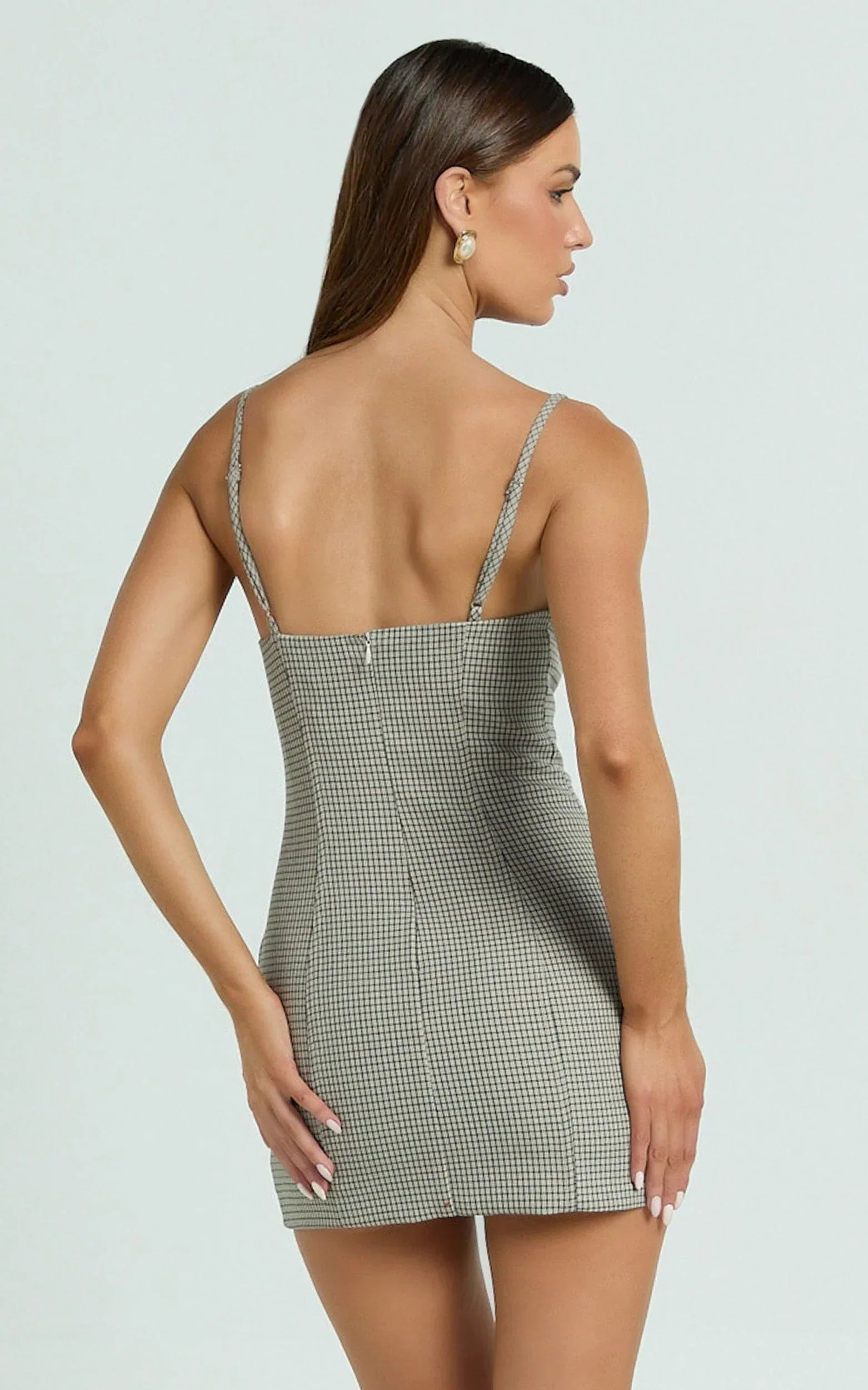 Angela Mini Dress - Sweetheart Neck Bodycon Checkered Dress in Beige Check