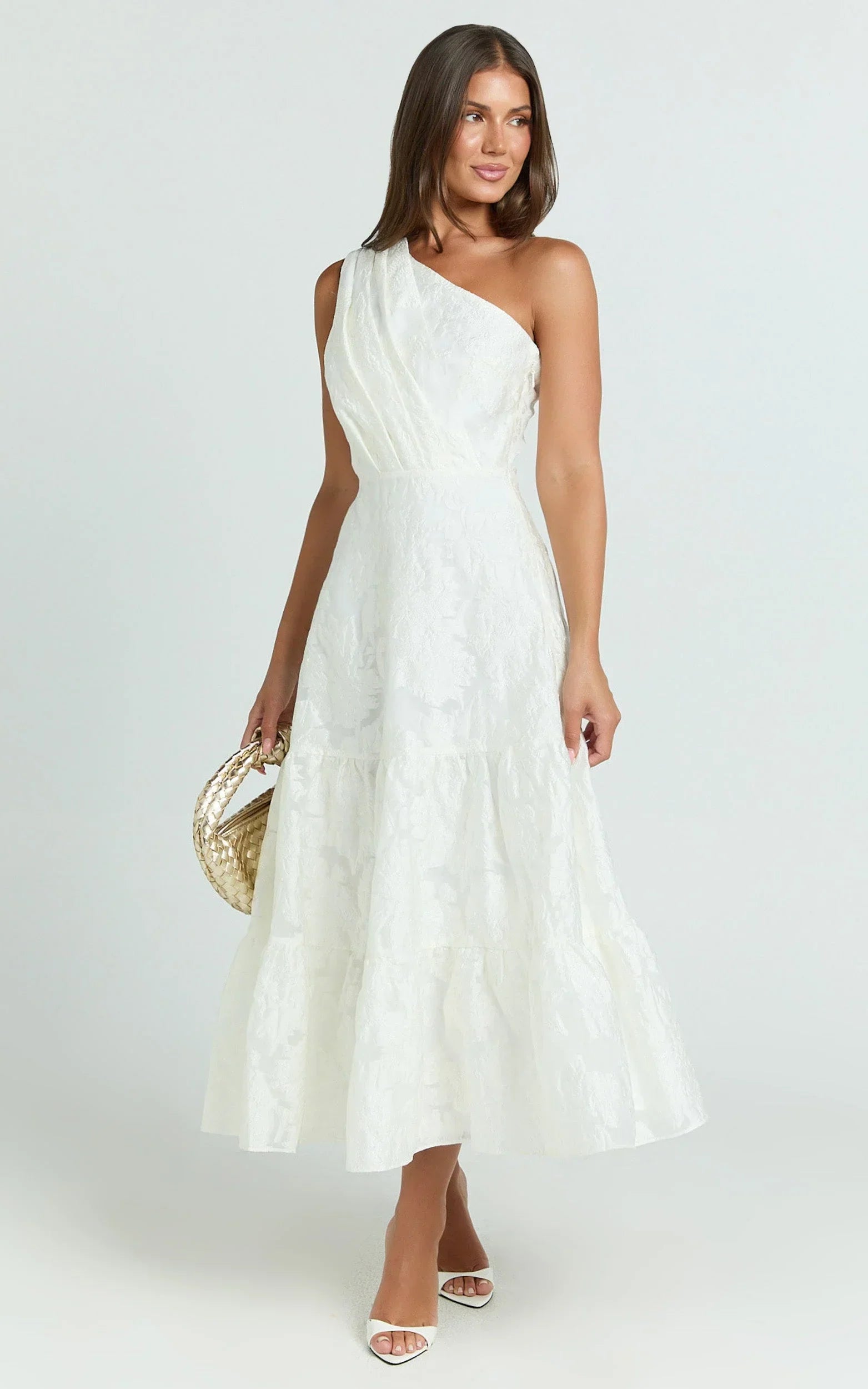 Nadette Midi Dress - One Shoulder Pleated Tiered Dress in White