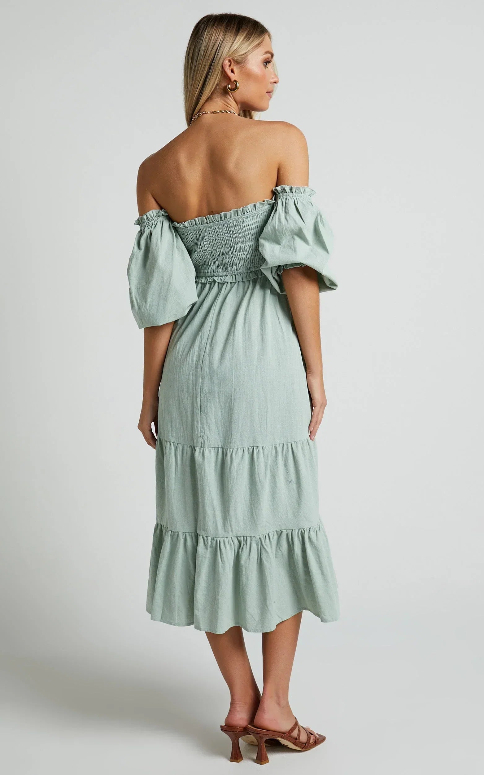 Nikka Midi Linen Blend Dress - Shirred Off Shoulder Puff Sleeve Dress in Sage