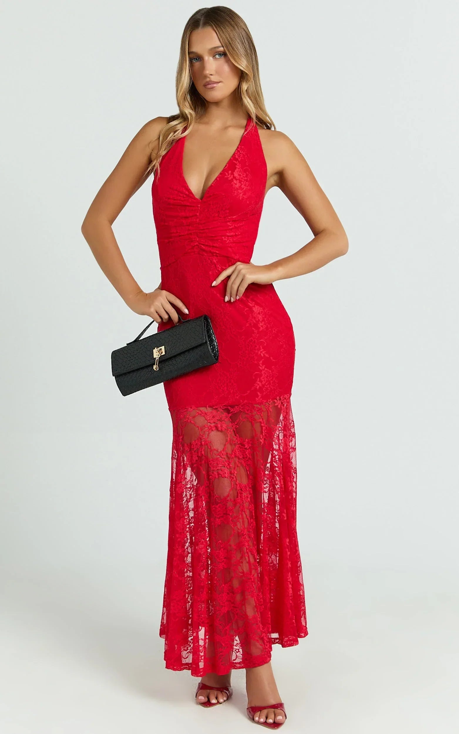 Hance Midi Dress - neck Lace Open Back Dress in Red