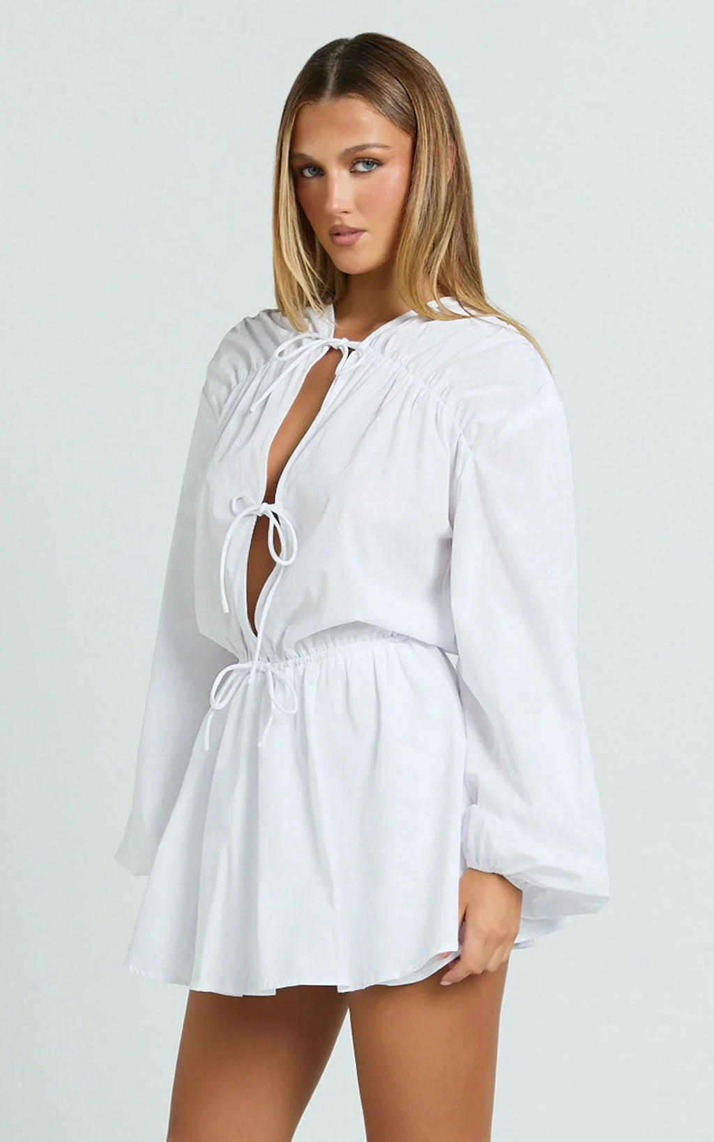 Felix Mini Dress - Front Tie Bishop Sleeve Dress in White