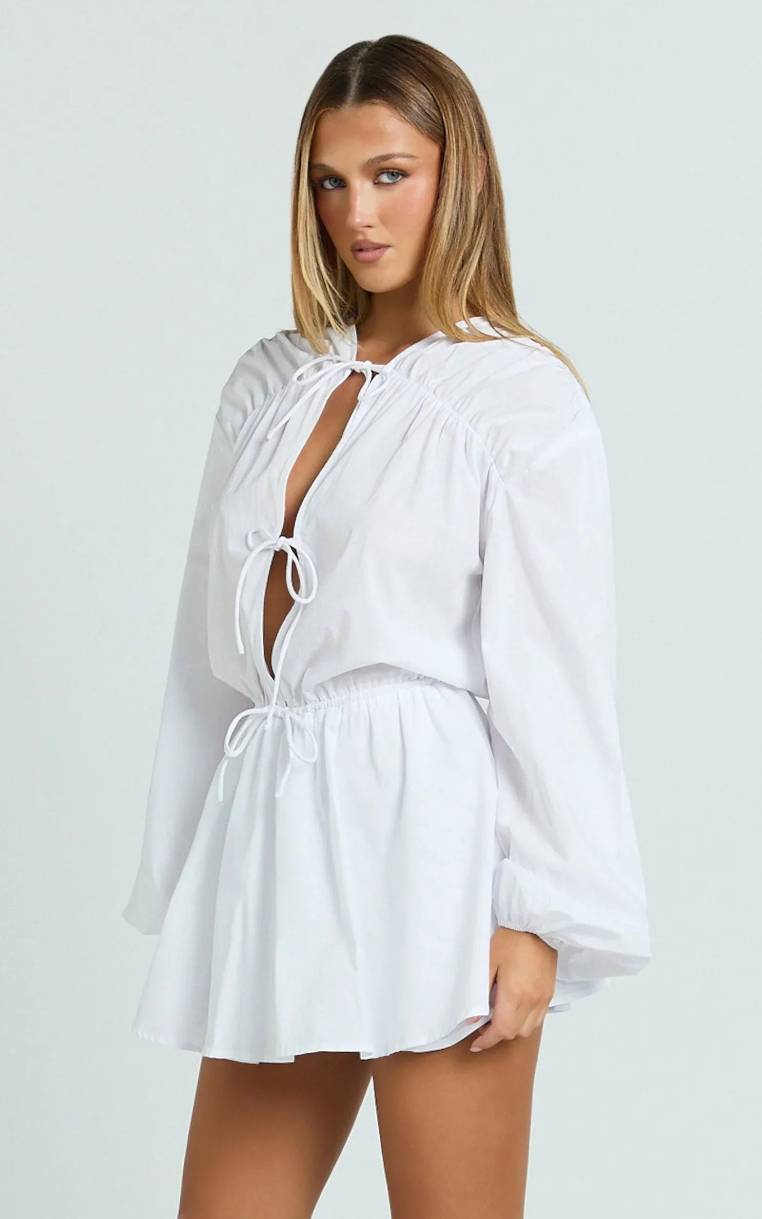 Felix Mini Dress - Front Tie Bishop Sleeve Dress in White