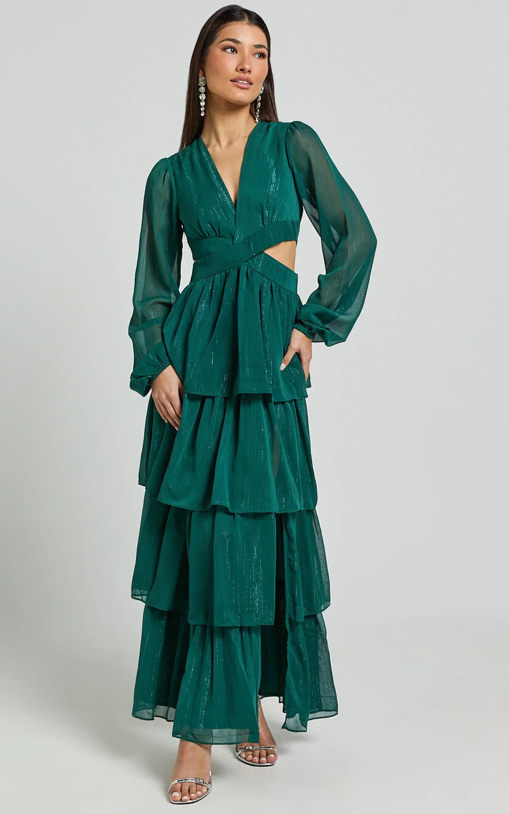 Jacinda Maxi Dress - Cut Out Long Sleeve Thigh Split Tiered Dress in Emerald