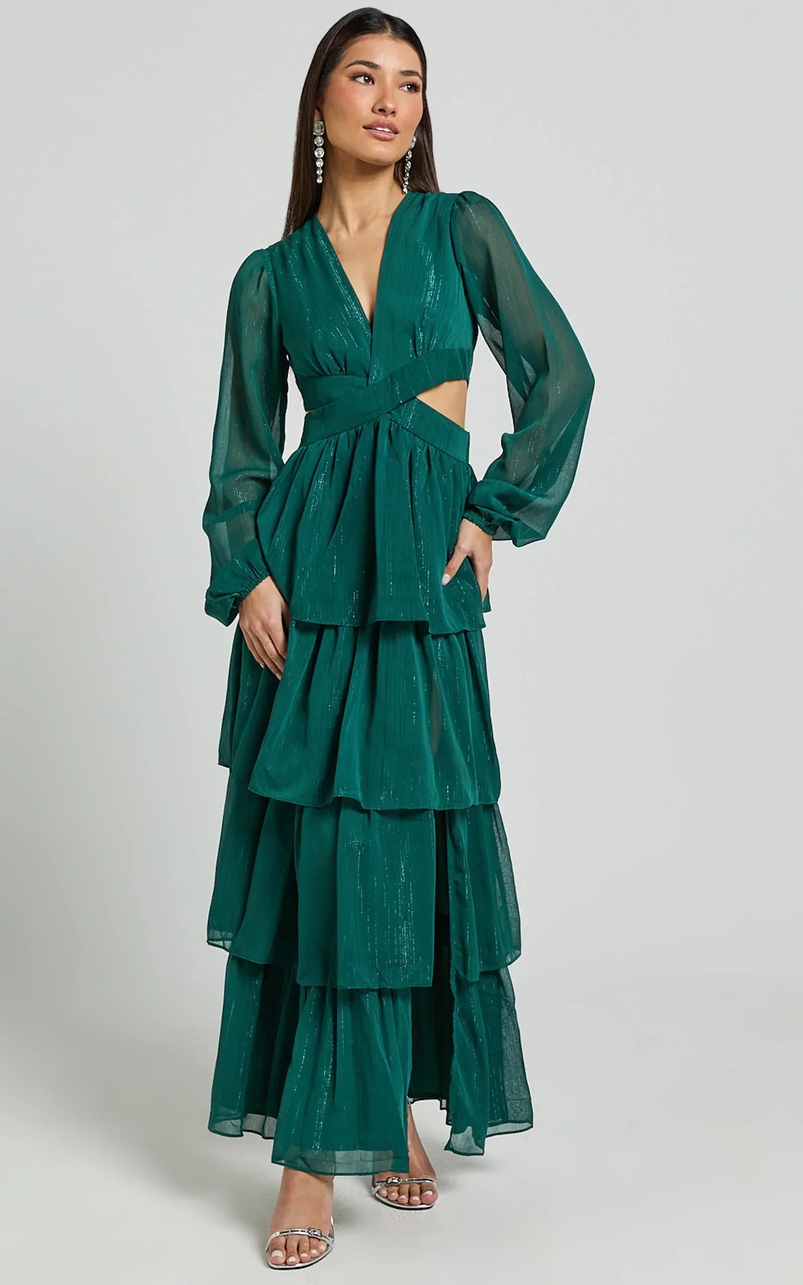 Jacinda Maxi Dress - Cut Out Long Sleeve Thigh Split Tiered Dress in Emerald