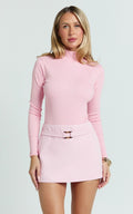 Isabela Bodysuit - High Neck Long Sleeve Ribbed Bodysuit in Pink
