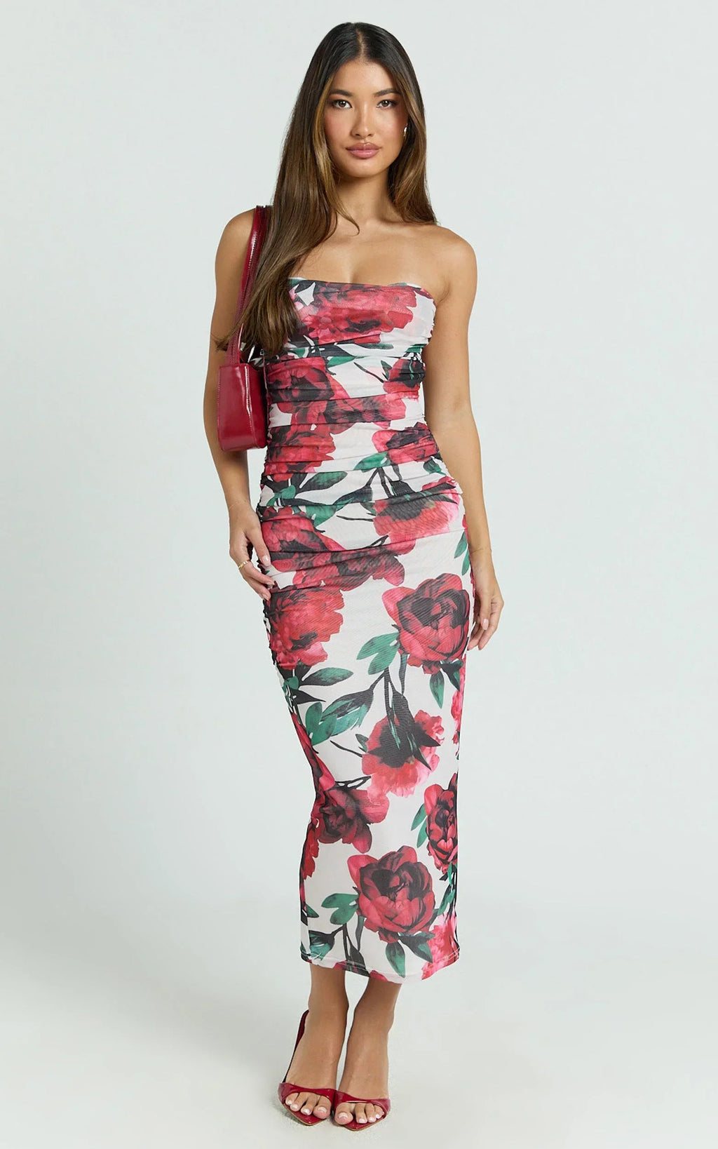 Enid Midi Dress - Sweetheart Neck Ruched Bodycon Dress in Rose Blanca