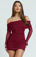 Clyde Mini Dress - Mesh Off Shoulder Ruched Bodycon Dress in Wine