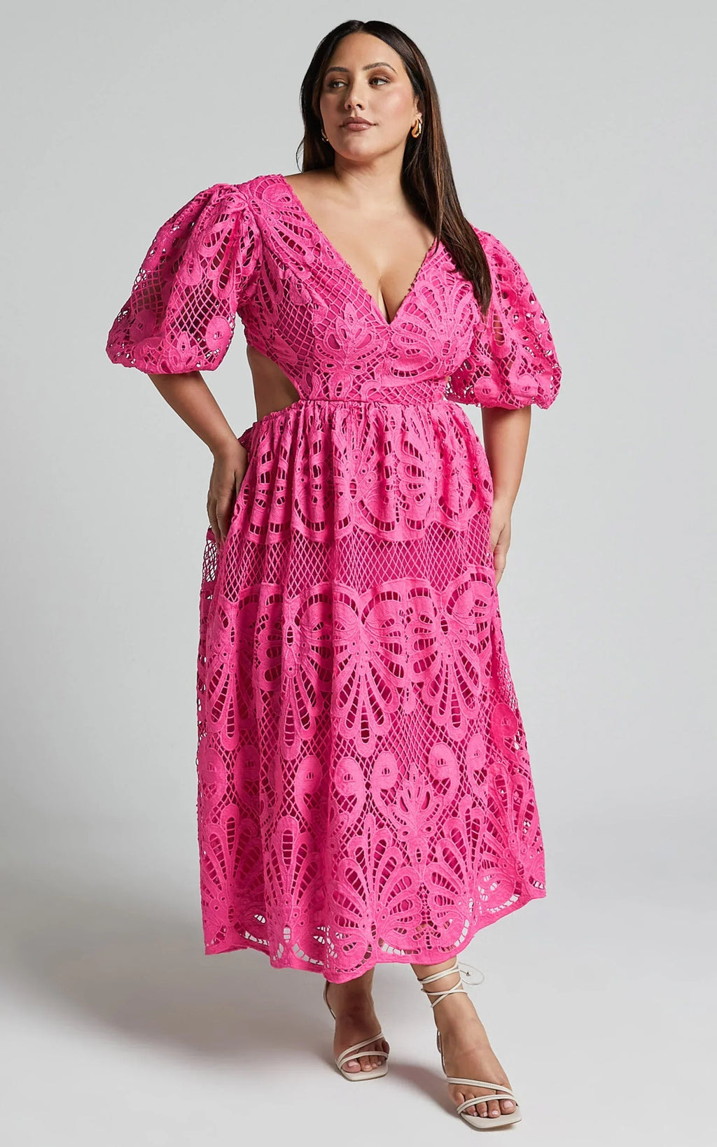 Anieshaya Midi Dress - V Neck Cut Out Lace Dress in Pink