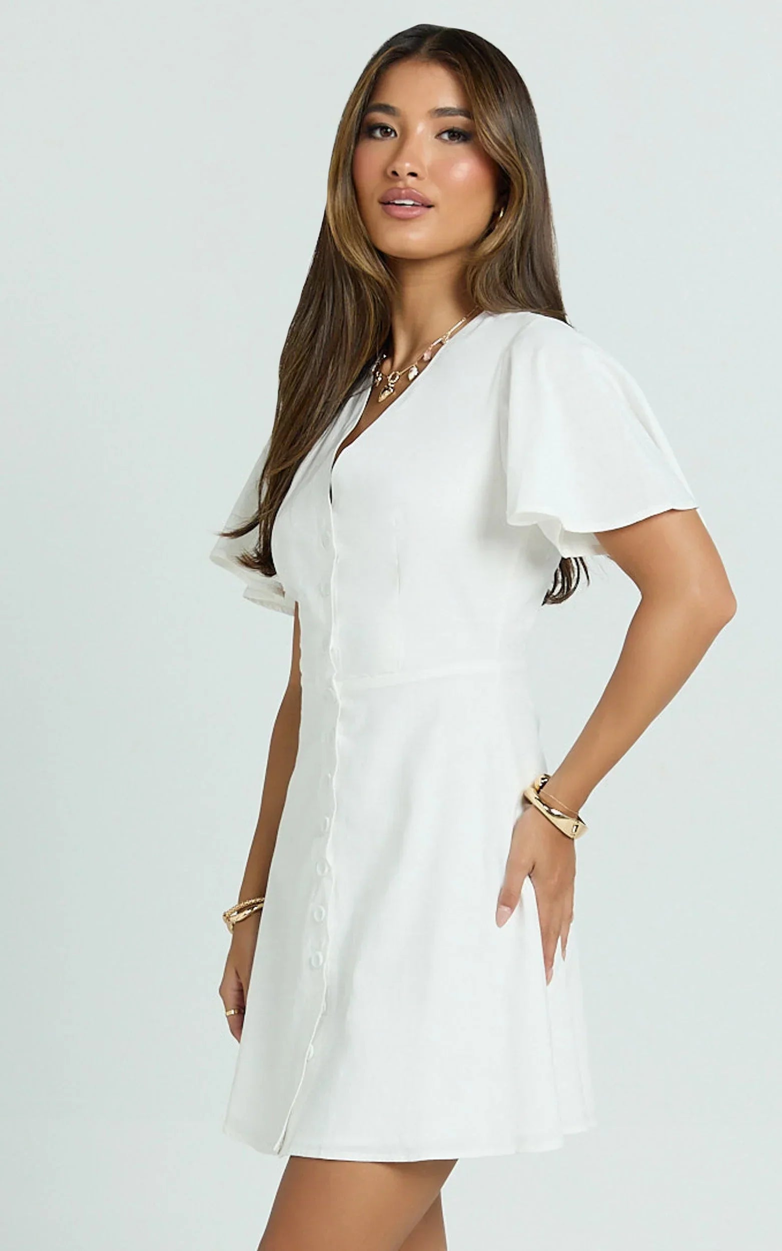 Sahar Mini Dress - Flutter Sleeve Button Through Dress in White