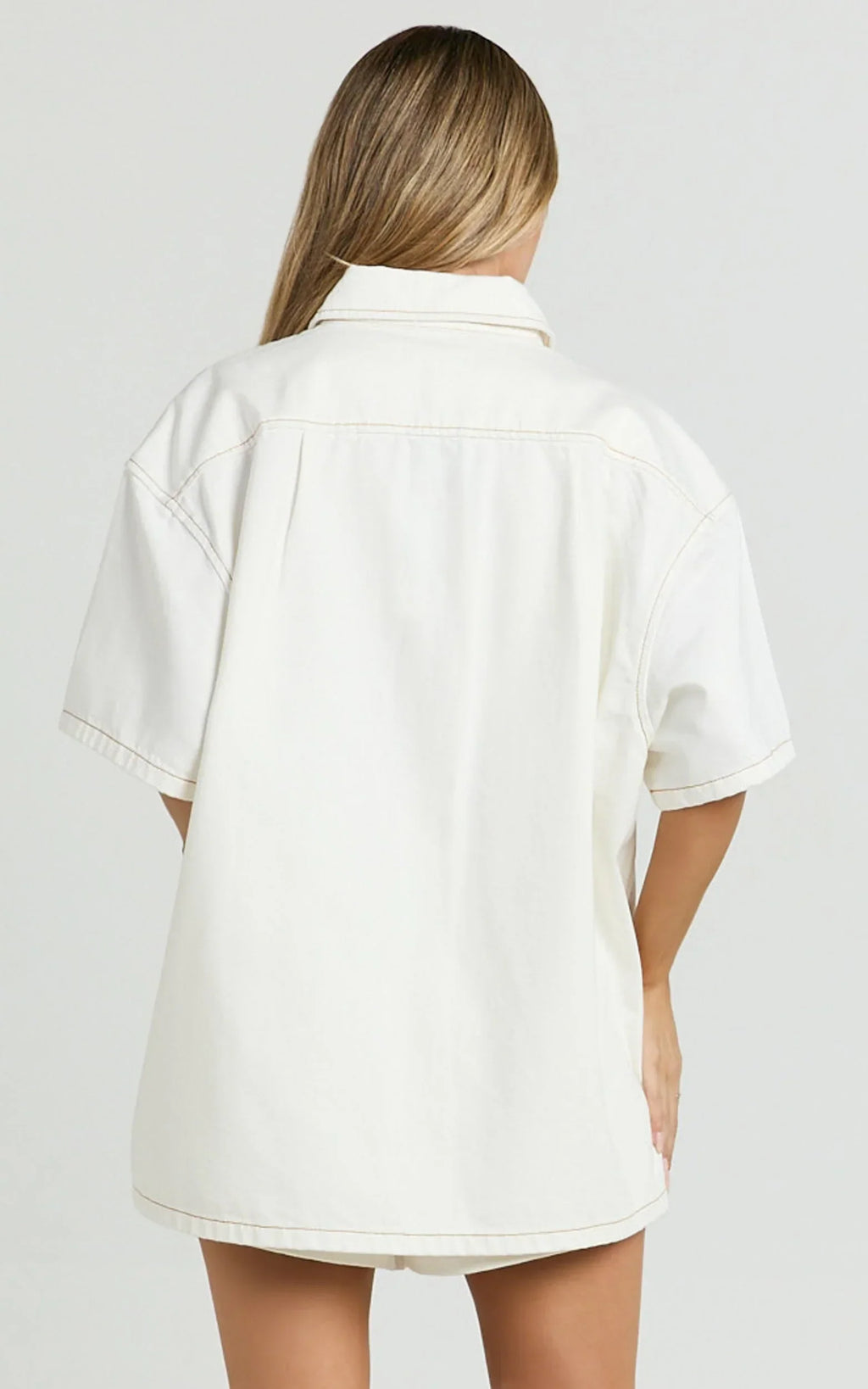 Rhianna Top - Oversized Recycled Denim Short Sleeve Shirt in Ecru with Contrast Tobacco Stitch