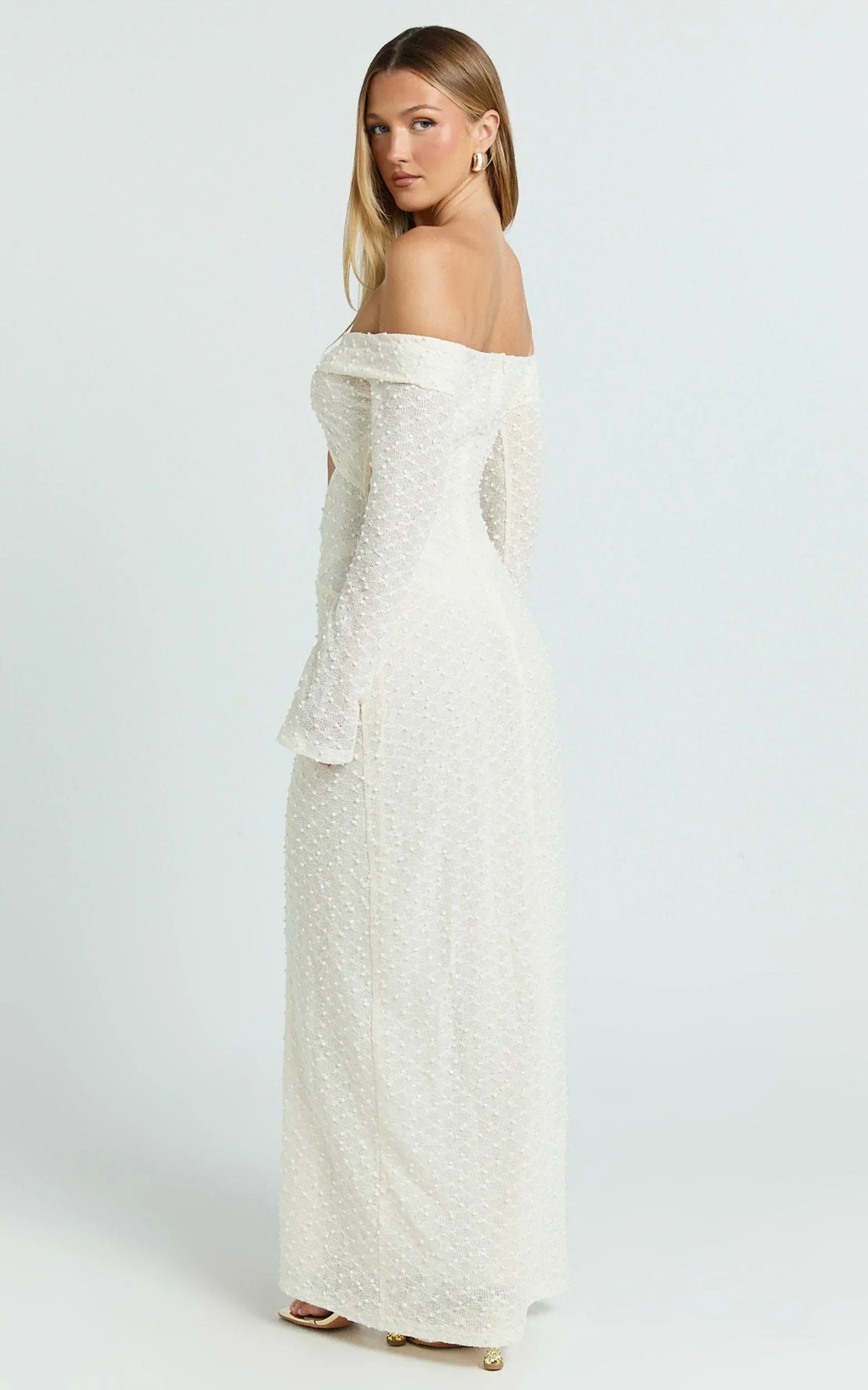 Romy Maxi Dress - Off Shoulder Long Sleeve Cut Out Gold Trim Fitted Dress in Ivory