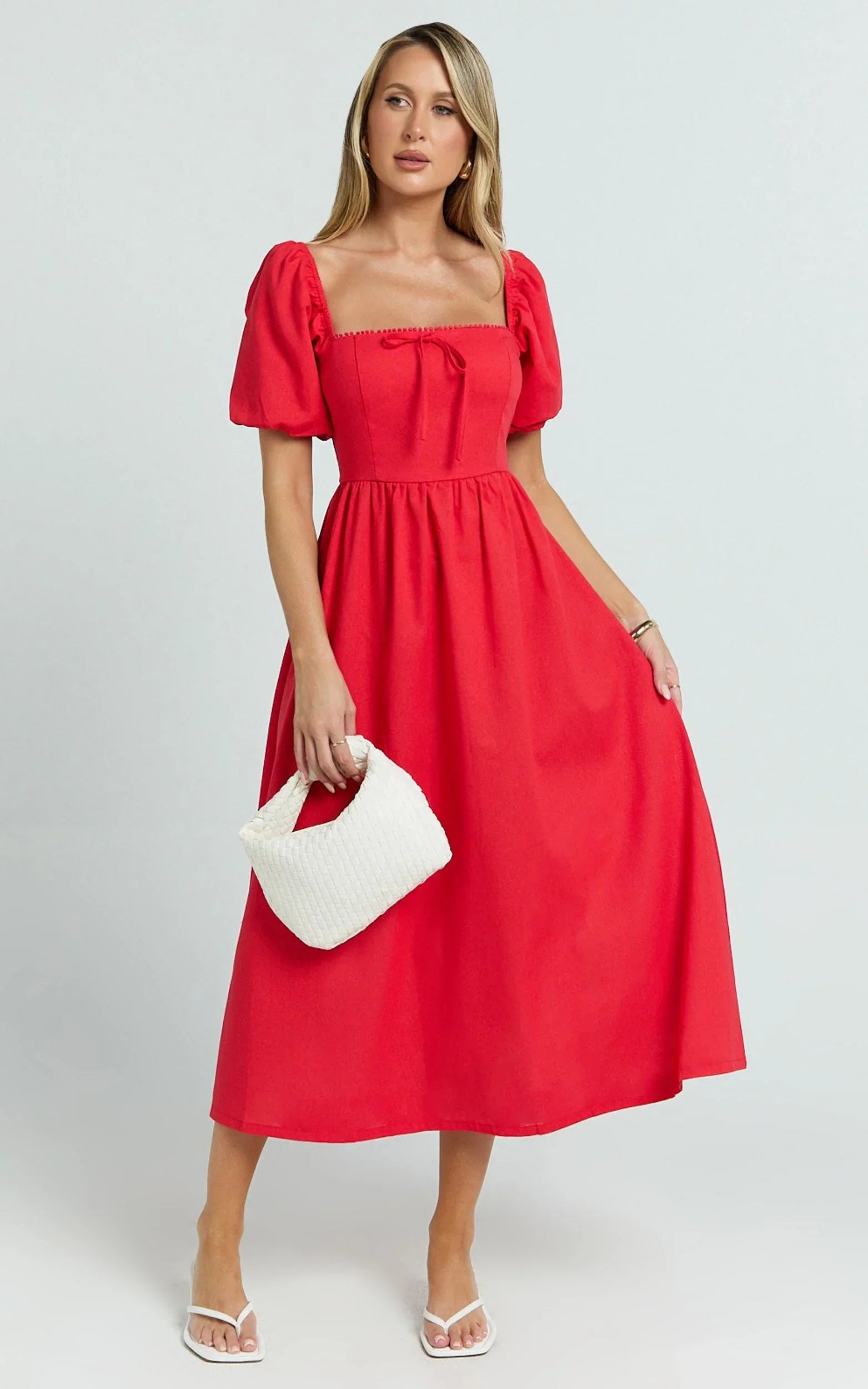 Quinn Midi Linen Blend Dress - Puff Sleeve Square Neck Dress in Red
