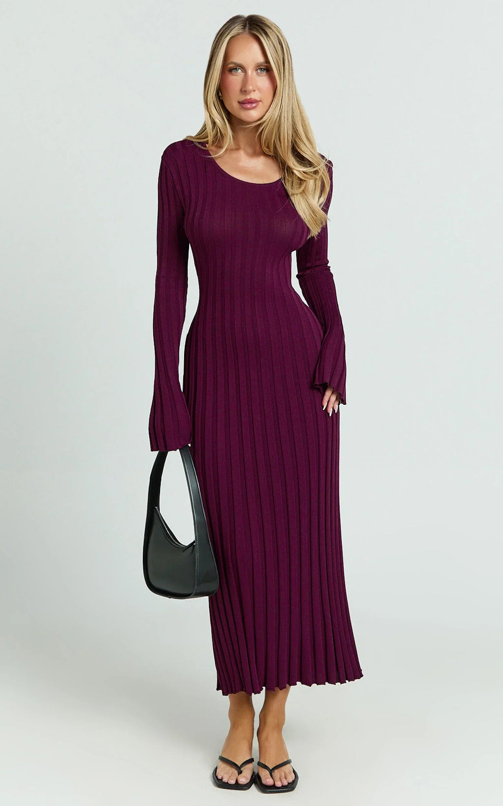 Blaire Midi Dress - Long Sleeve Tie Back Flare Dress in Wine