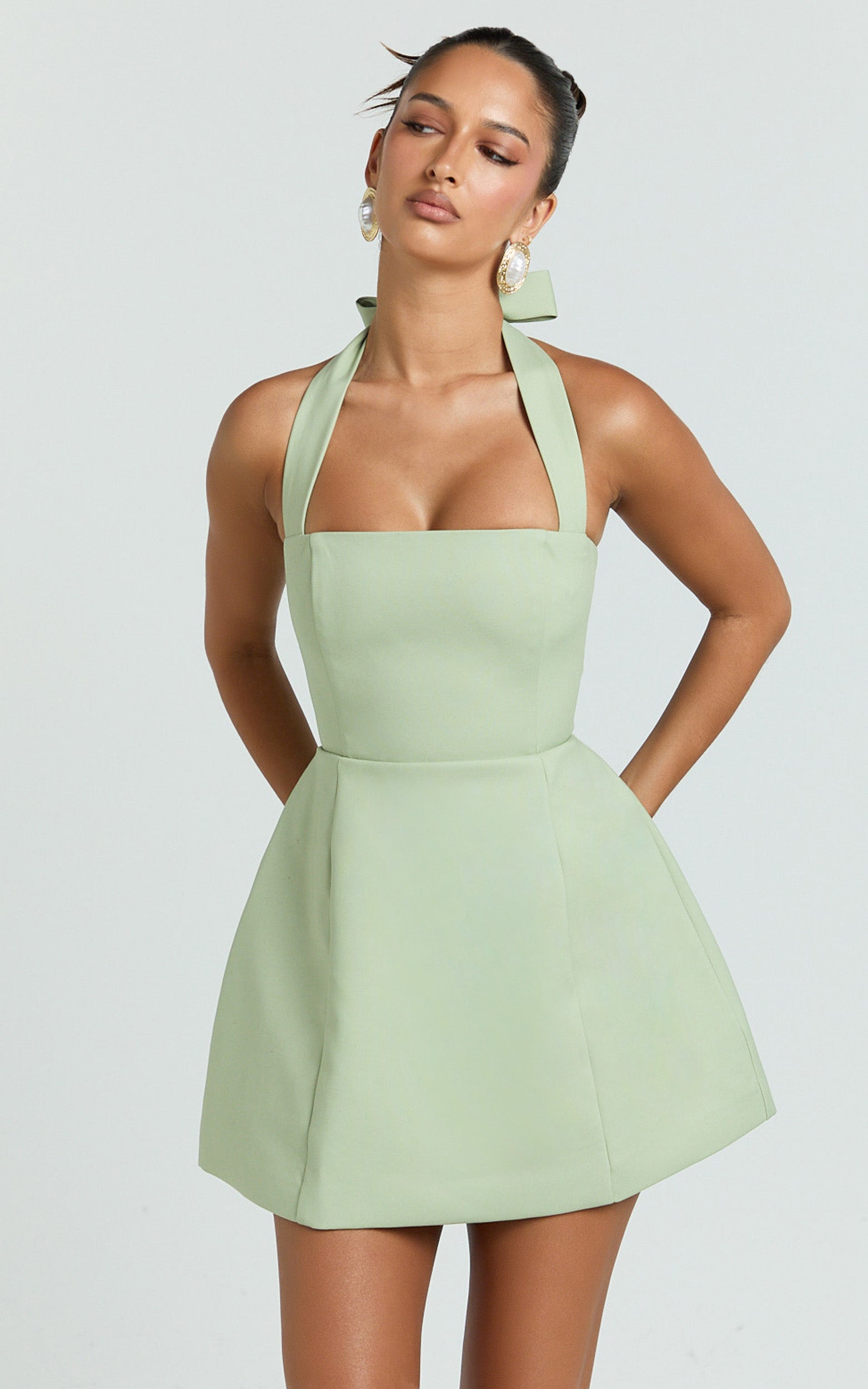 Dante Mini Dress - Halter Neck Tie Tulip Skirt Dress in Sage