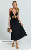 Daphne Midi Dress - Gathered Cut Out A Line Dress in Black