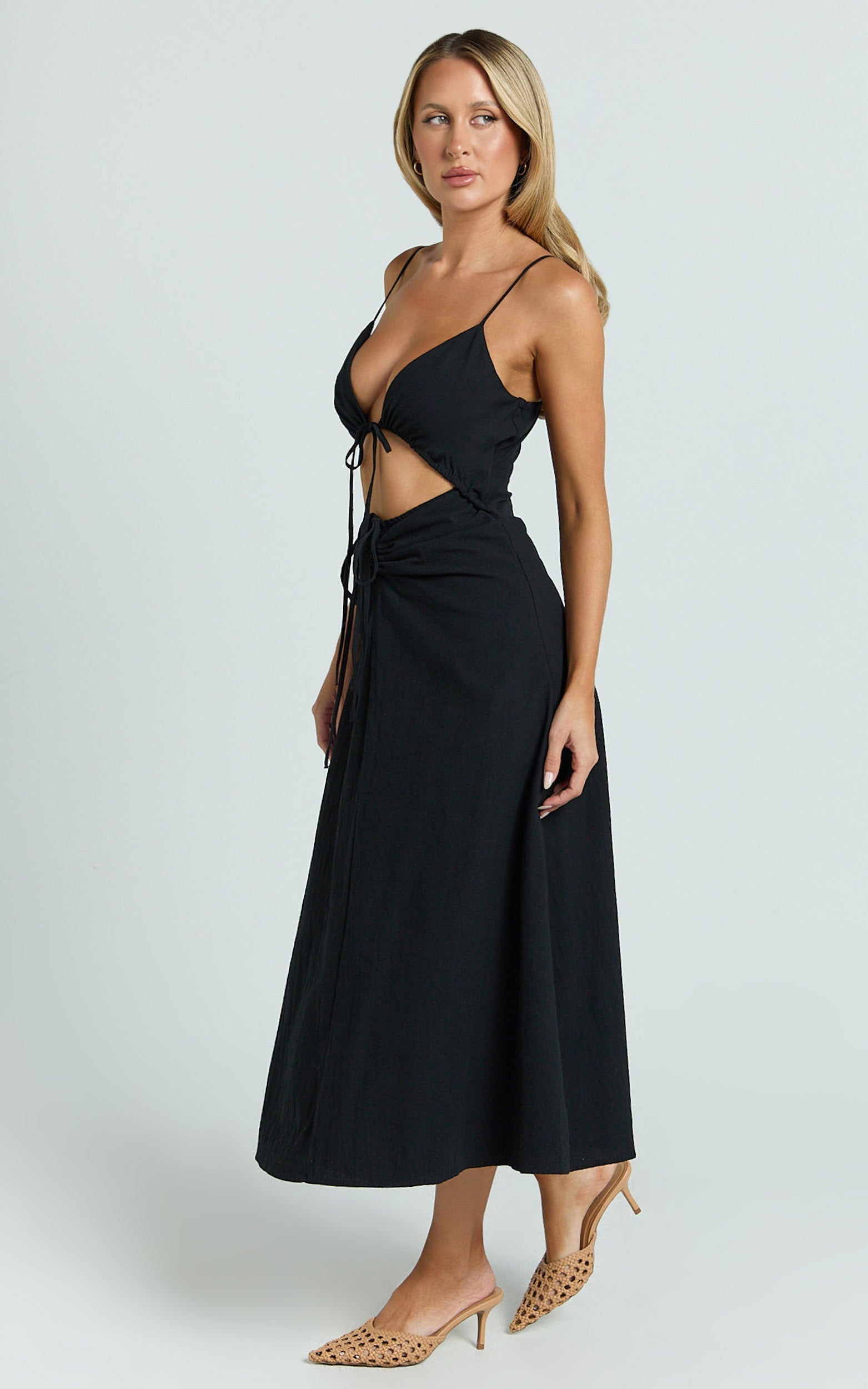Daphne Midi Dress - Gathered Cut Out A Line Dress in Black