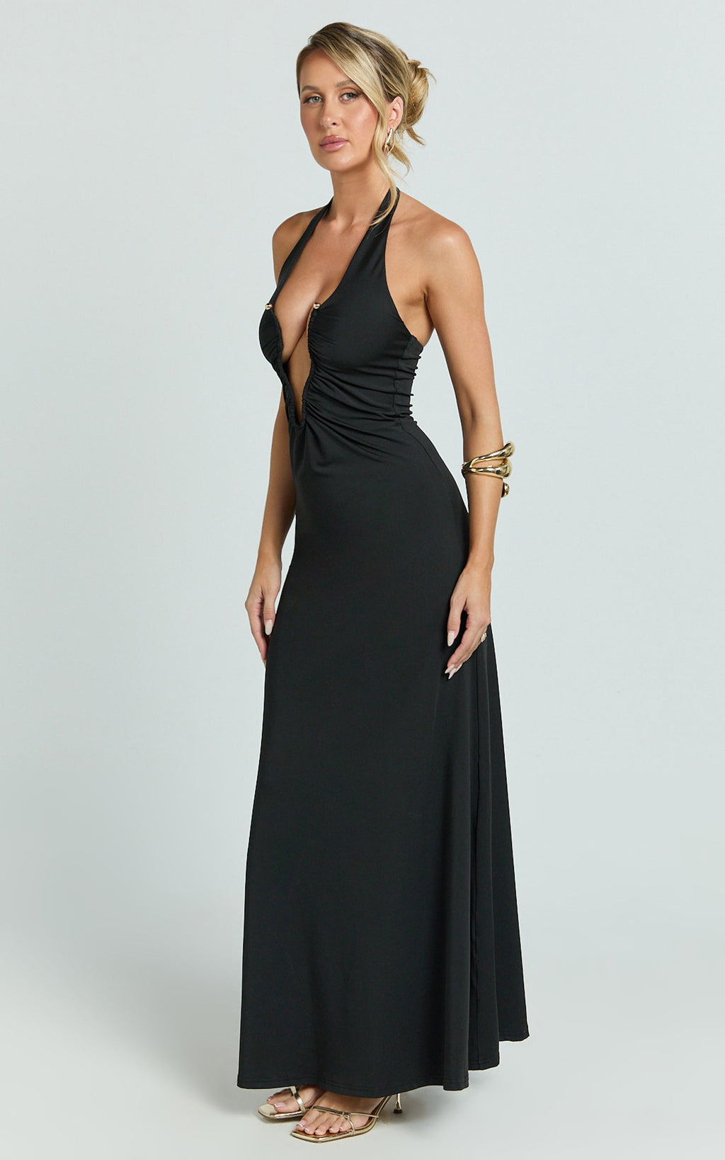 Denise Maxi Dress - Halter U Ruched Neck Cut Out Jersey Dress in Black