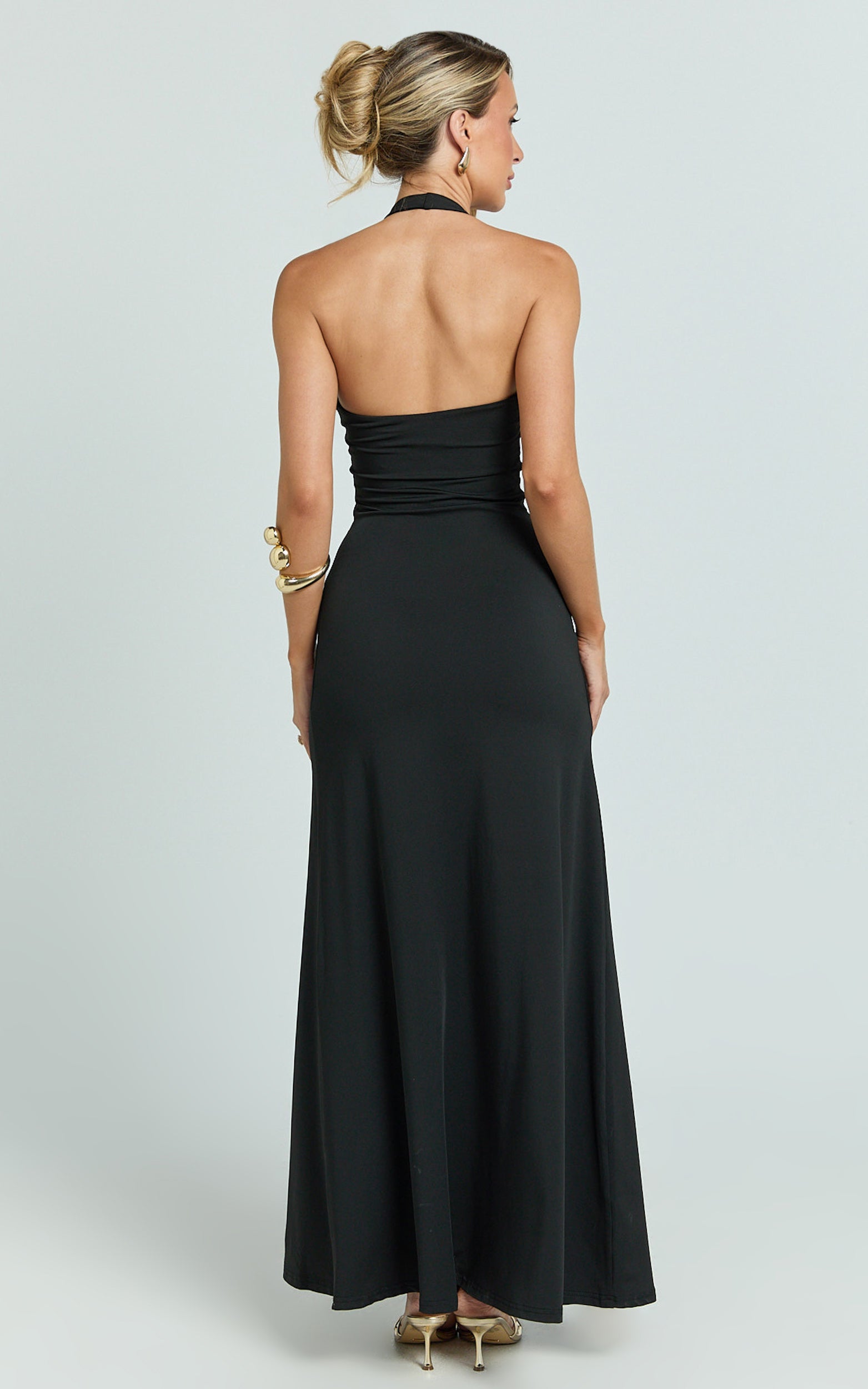 Denise Maxi Dress - Halter U Ruched Neck Cut Out Jersey Dress in Black