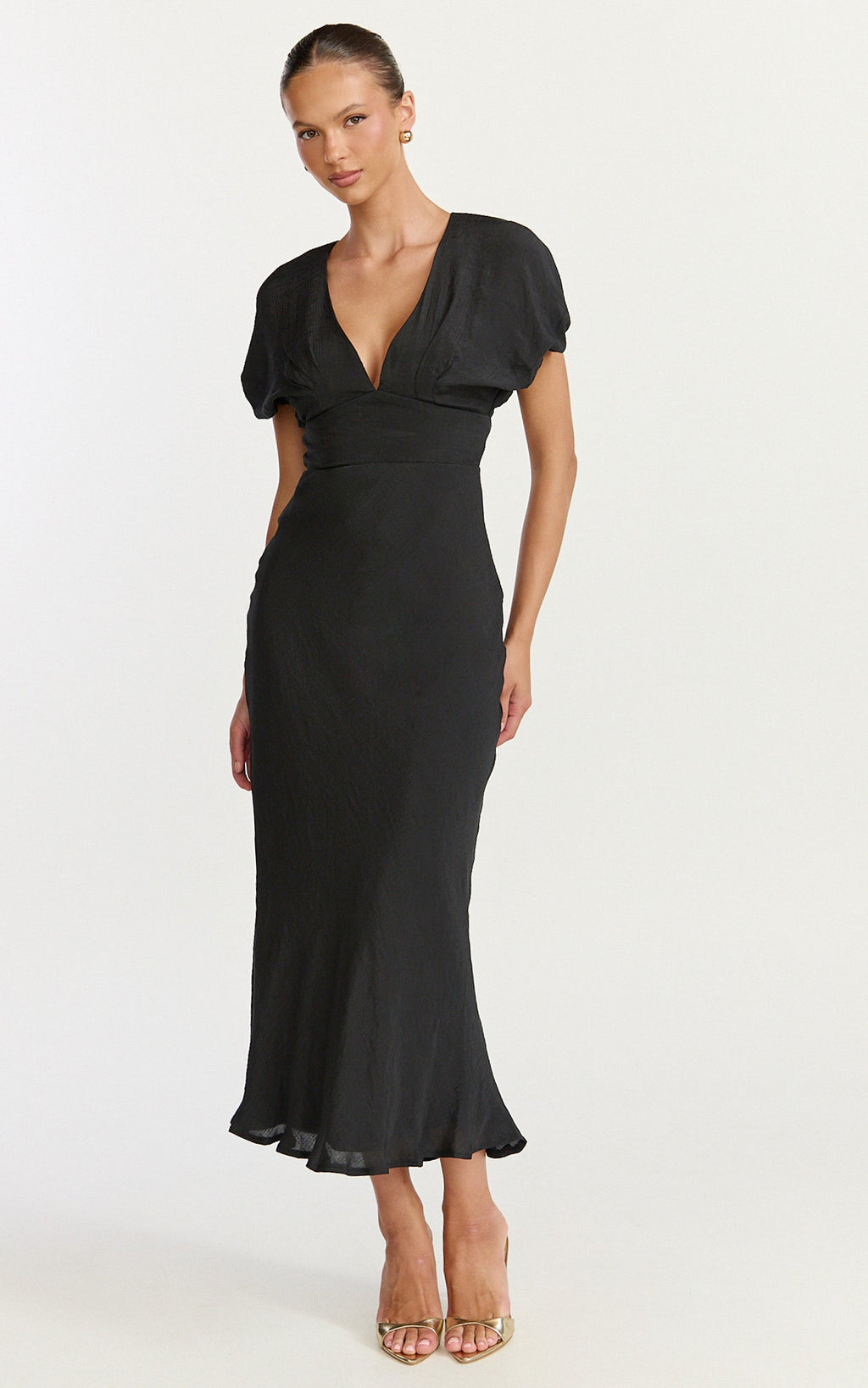 Desiree Midi Dress - V Neck Flutter Short Sleeve Slip Dress in Black