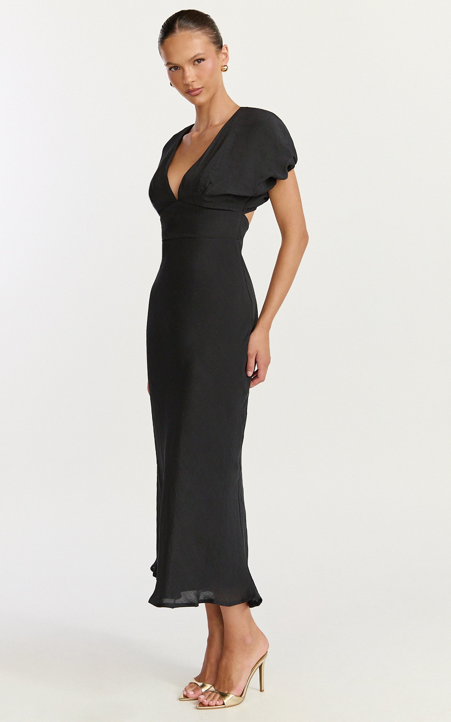 Desiree Midi Dress - V Neck Flutter Short Sleeve Slip Dress in Black