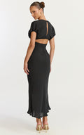 Desiree Midi Dress - V Neck Flutter Short Sleeve Slip Dress in Black