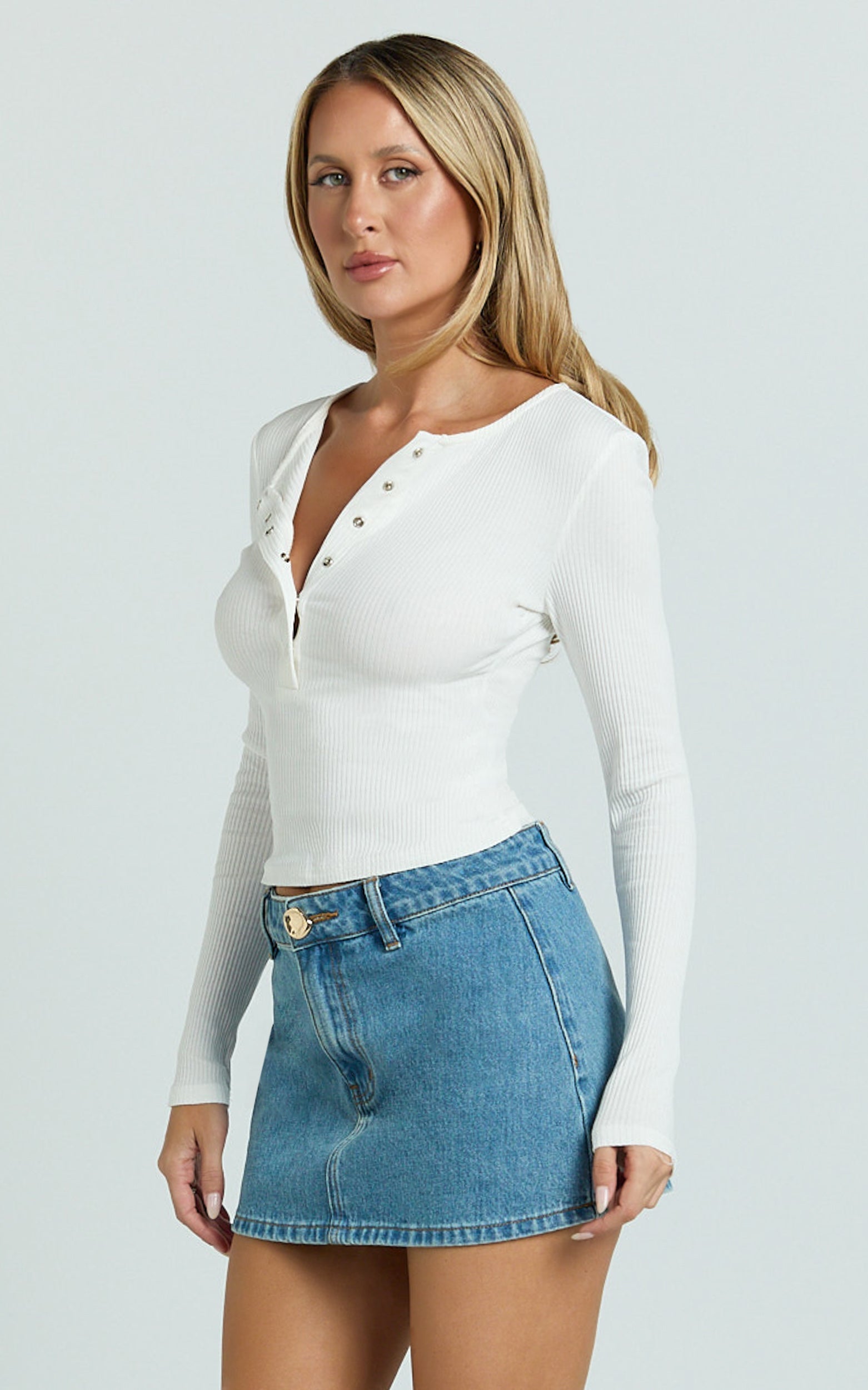 Diana Top - Long Sleeve Cropped Henley Top in White