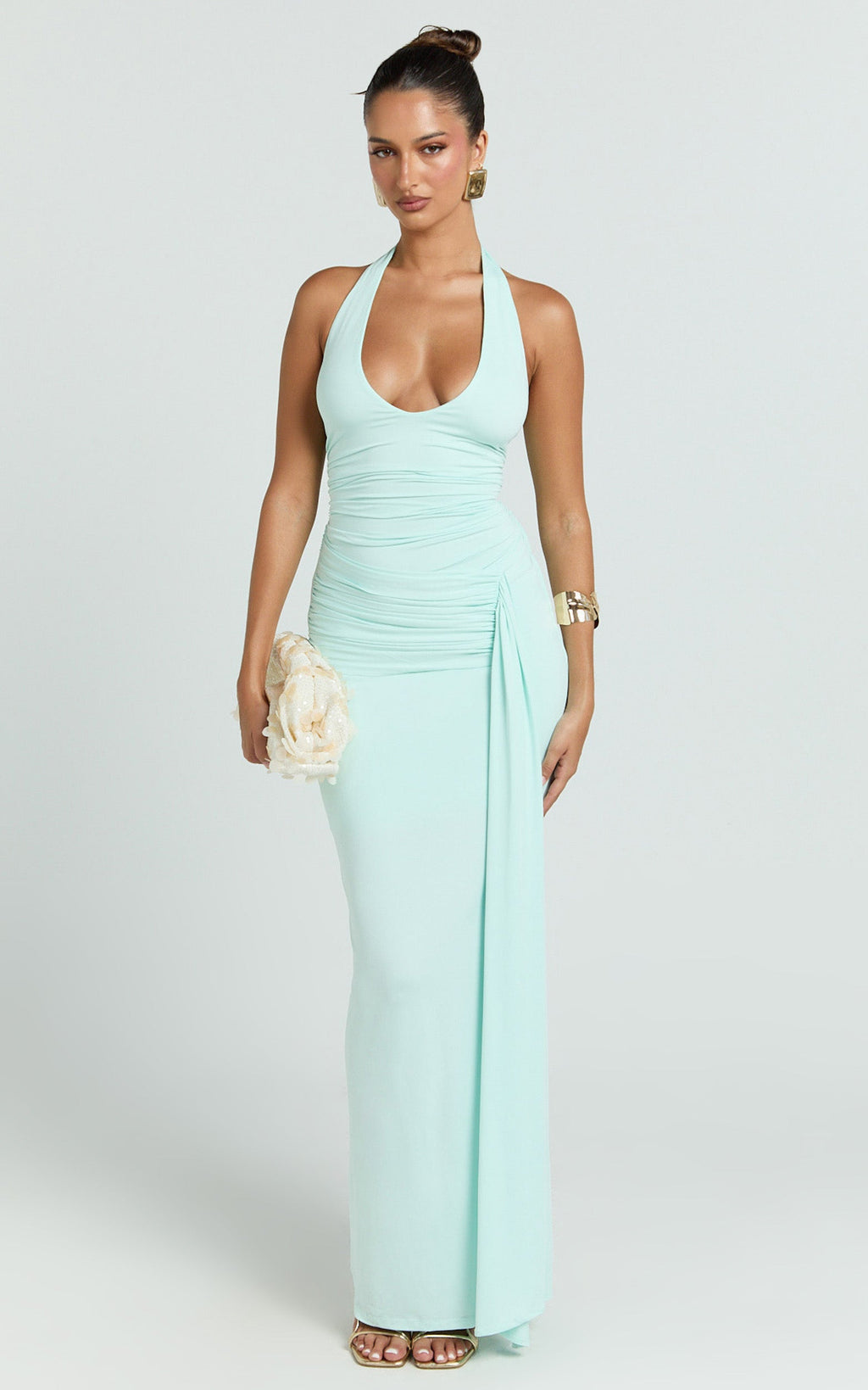 Dixie Maxi Dress - Plunge Halter Low Back Dress in Mint
